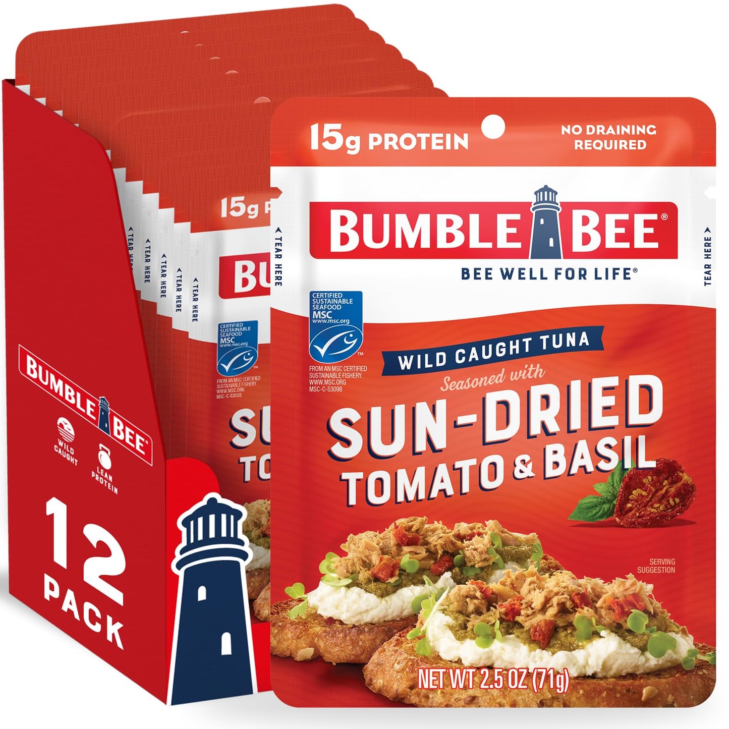 Bumble Bee Sun-Dried Tomato & Basil Seasoned Tuna, 2.5 Oz Pouches (Pack Of 12) - Ready To Eat - Wild Caught Tuna Pouch - 15G Protein Per Serving - Gluten Free