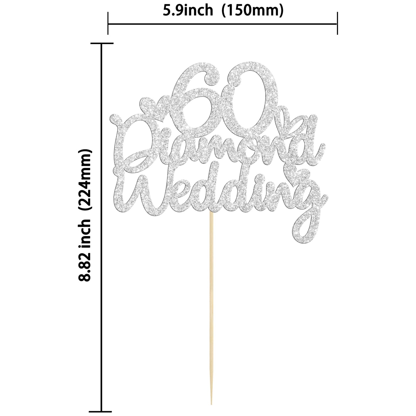 Gyufise 1Pcs 60Th Wedding Anniversary Cake Toppers With Heart Silver Glitter 60Th Diamond Wedding Anniversary Heart Cake Decorat