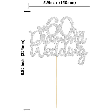 Gyufise 1Pcs 60Th Wedding Anniversary Cake Toppers With Heart Silver Glitter 60Th Diamond Wedding Anniversary Heart Cake Decorat