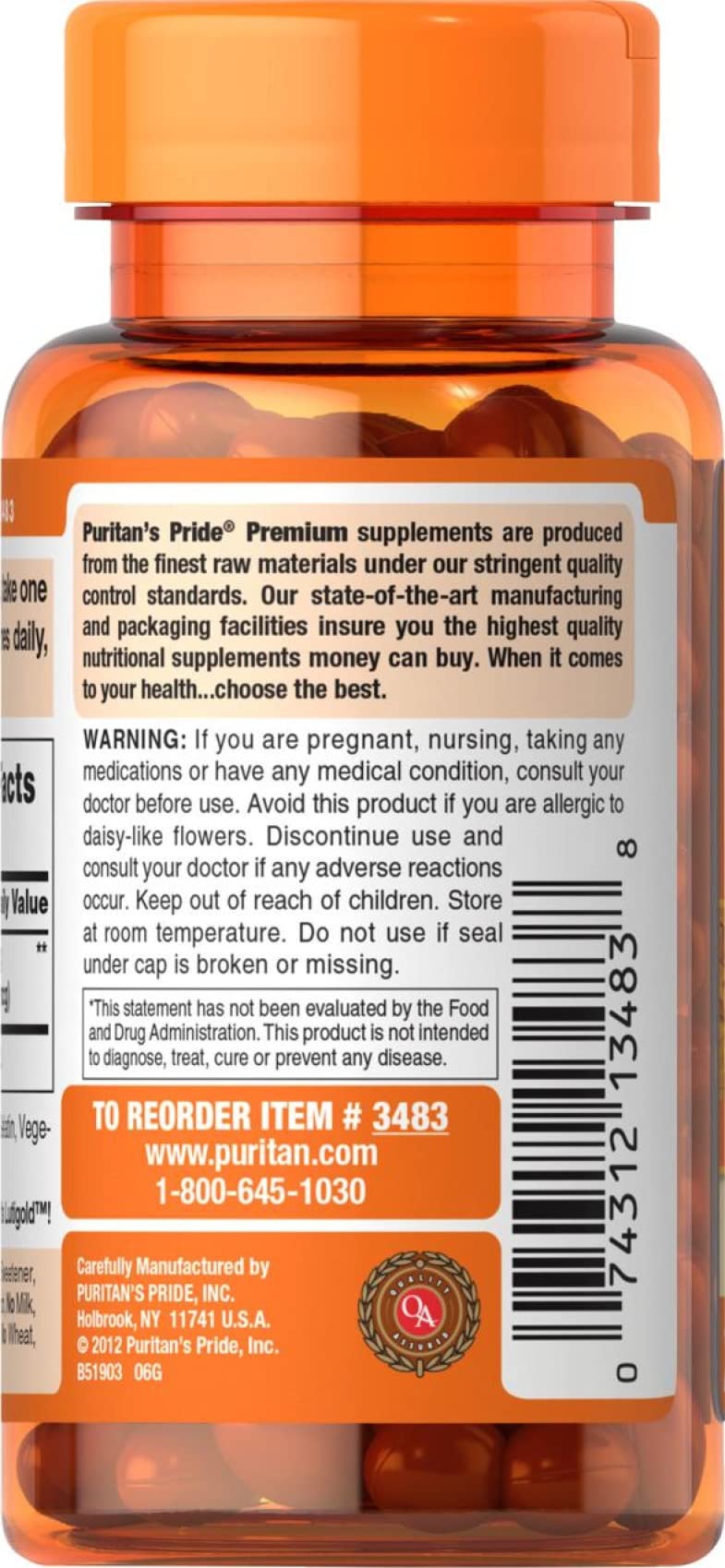 Puritans Pride Lutein 6 Mg with Zeaxanthin Supports Eye Health, Softgel, 200 count