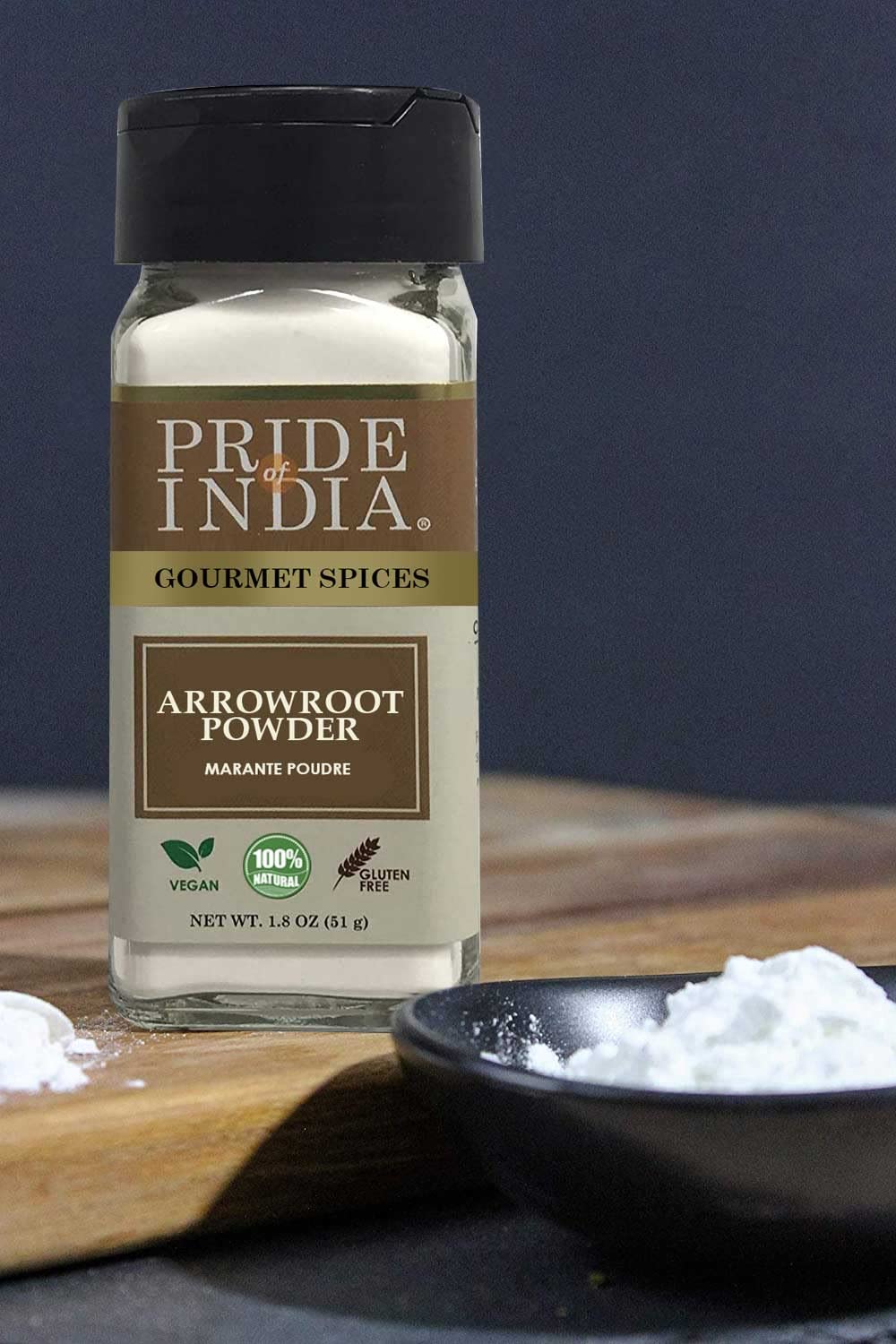 Pride Of India Natural Arrowroot Powder - Gluten & GMO Free - 2oz Dual Sifter Bottle