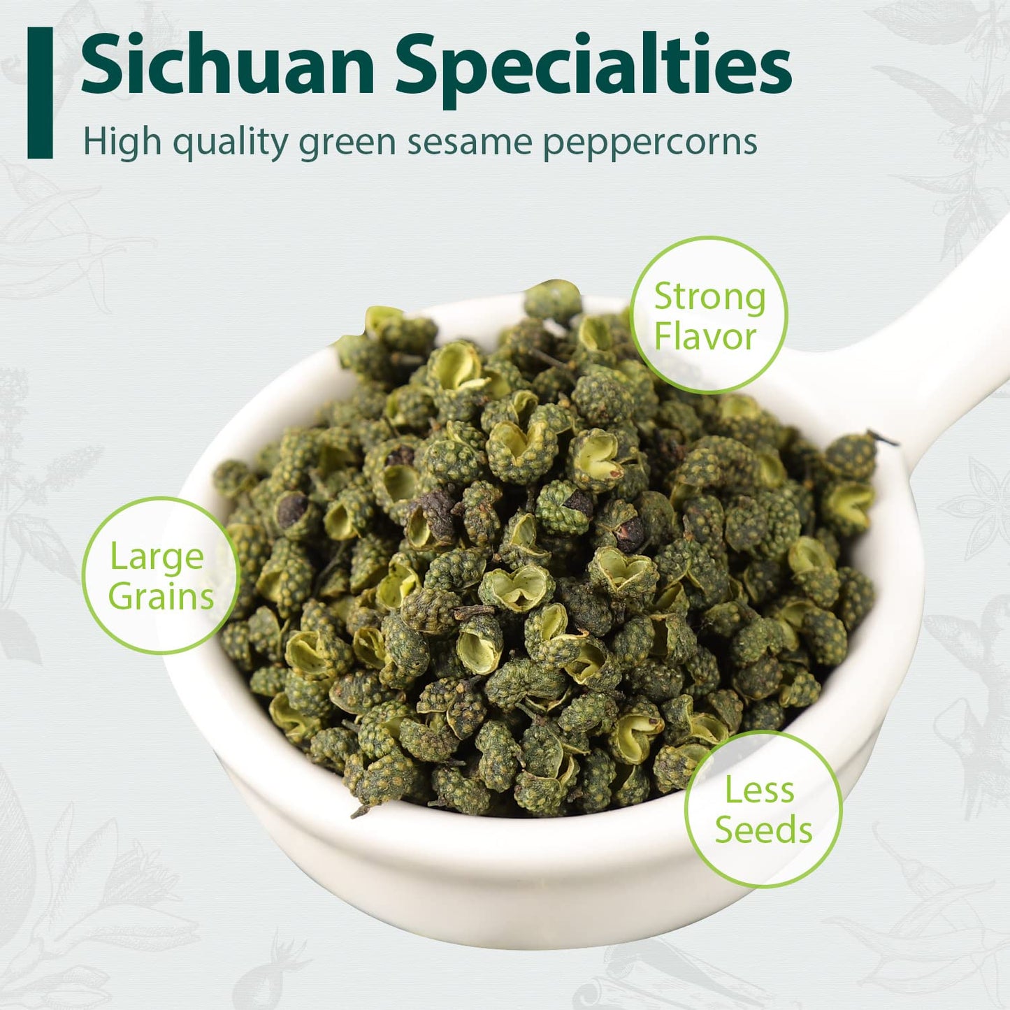 Soeos Green Peppercorns, 4oz(113g), Authentic Sichuan Green Peppercorns, Numbing and Tingle Effect, Less Seeds, Strong Flavor, E
