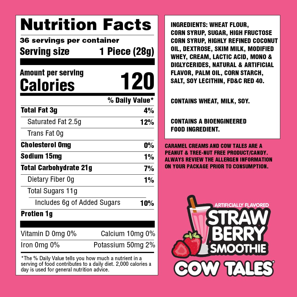 Goetze s Candy Strawberry Smoothie Cow Tales - 2.25 Pound Canister (36 Ounces) - Fresh from the Factory