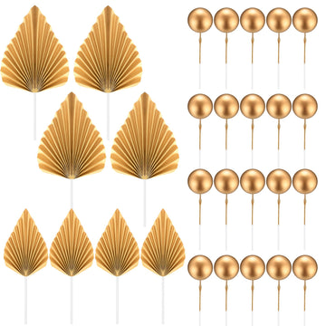 20 Pcs Gold Balls Cake Toppers, 8 Pcs Gold Palm Leaves Cake Decorations, Foam Balls Paper Palm Leaf Cake Toppers Insert Decorati