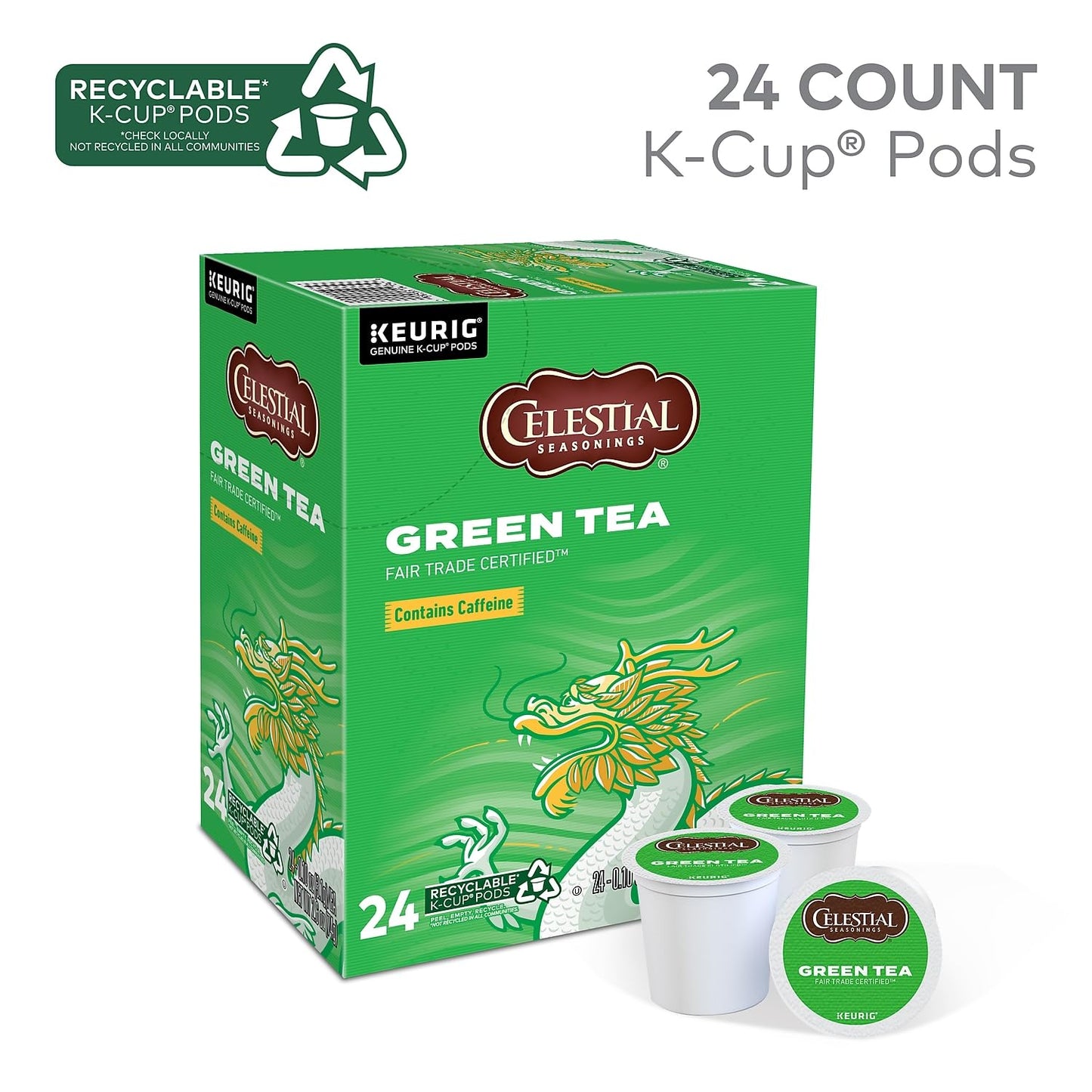 Celestial Seasonings Green Tea K-Cup Portion Pack, 24 Count, Compatible with Keurig malt-inspired, Model 74-14734