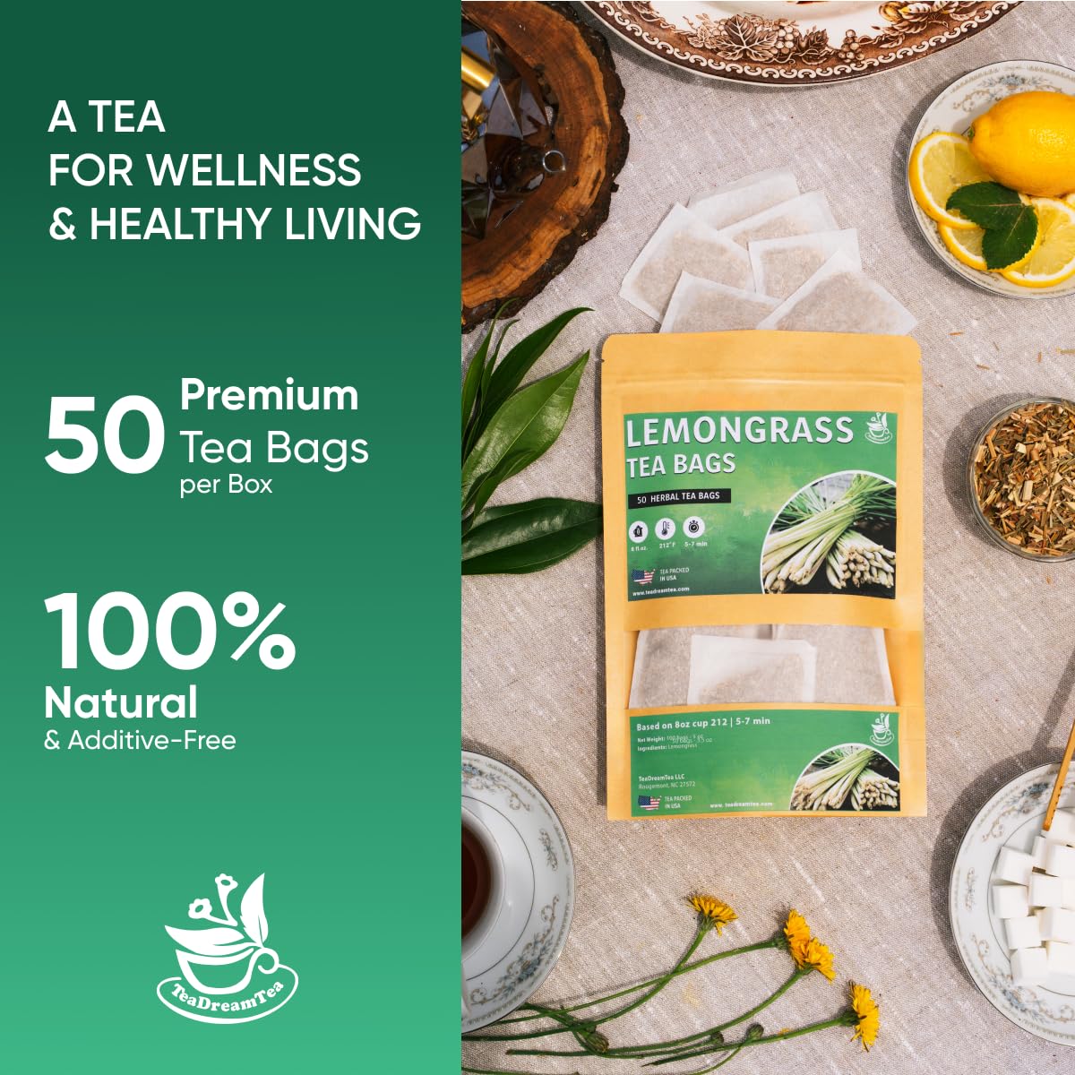 TeaDreamTea Lemongrass Tea Bags - Herbal, Caffeine Free - 50 Count Bulk Tea Bags