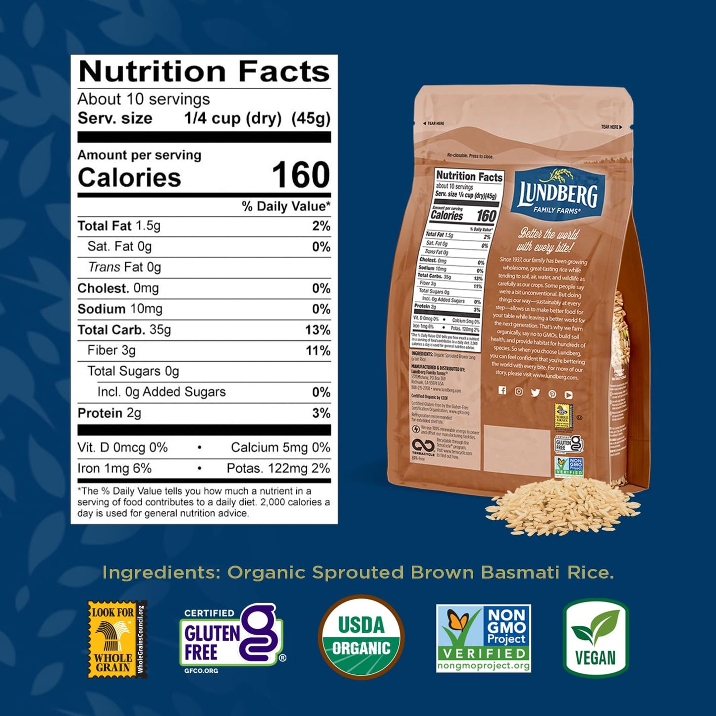 Lundberg Basmati Rice, Organic Sprouted Brown Long Grain Rice - Nutty & Nutritious Brown Rice Grown in California, Ready to Eat