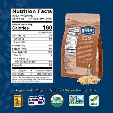 Lundberg Basmati Rice, Organic Sprouted Brown Long Grain Rice - Nutty & Nutritious Brown Rice Grown in California, Ready to Eat