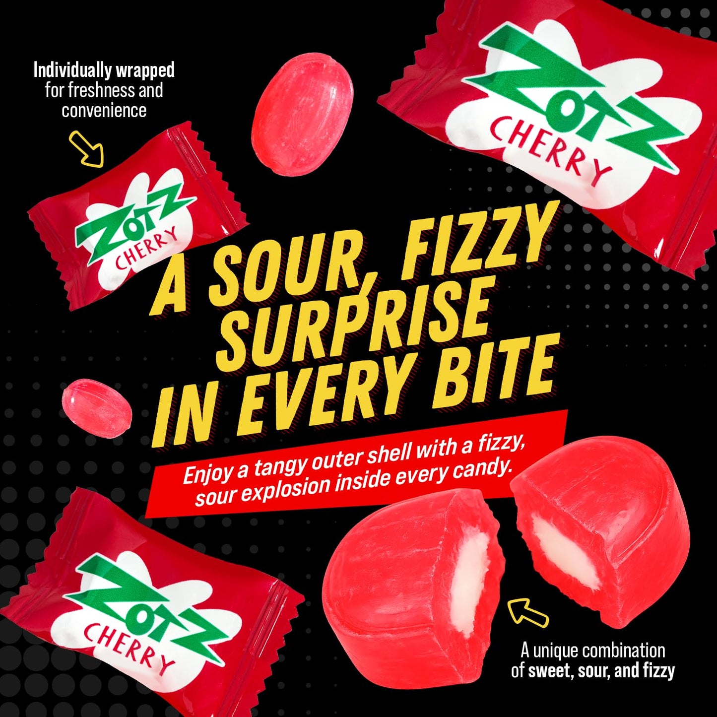 Zotz Fizzy Old Fashioned Hard Candy Assorted Fruit Flavored, Cherry, Apple, Watermelon Individually Wrapped. Filled With A Fizzy