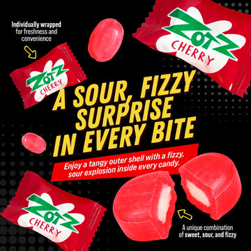 Zotz Fizzy Old Fashioned Hard Candy Assorted Fruit Flavored, Cherry, Apple, Watermelon Individually Wrapped. Filled With A Fizzy