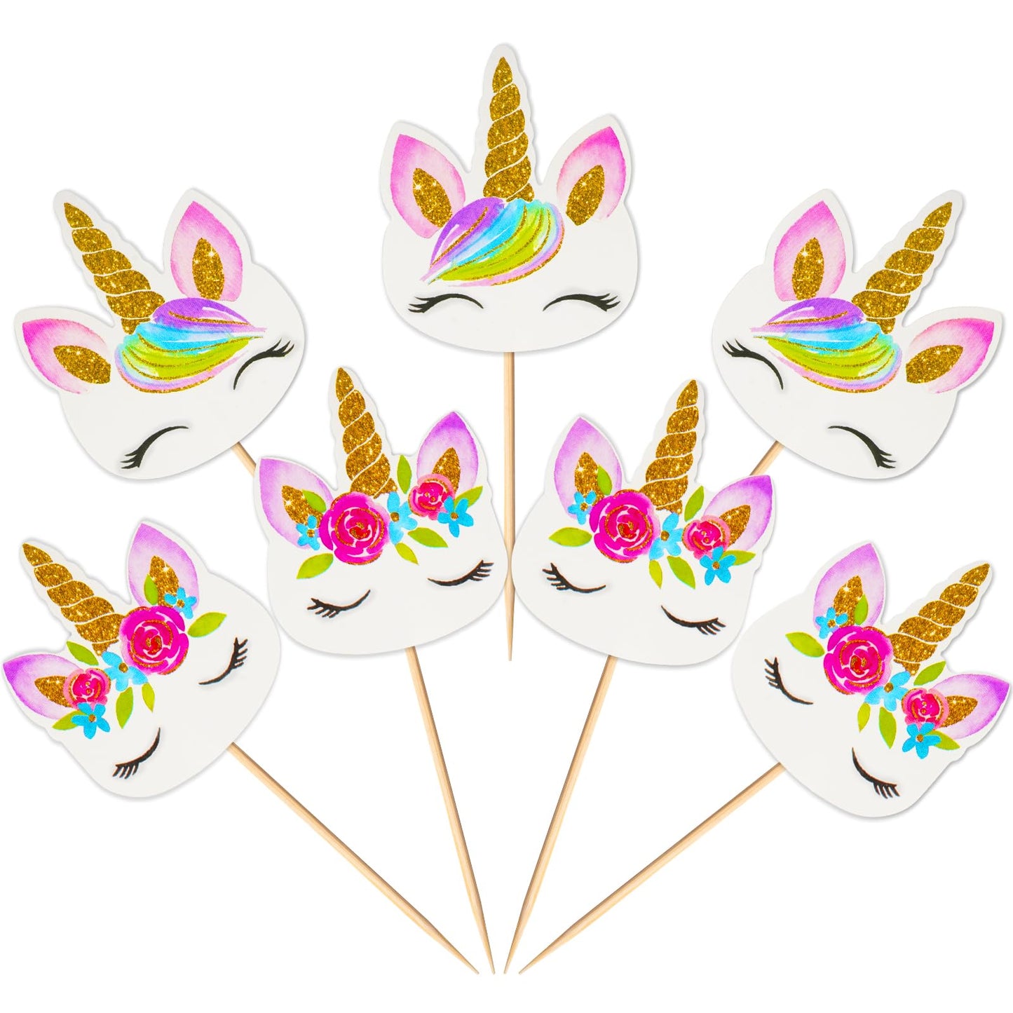 Coopache 48 Pieces Rainbow Unicorn Cupcake Toppers, Cupcake Picks Cake Decorations, Double Sided Unicorn Cake Topper Set Birthda