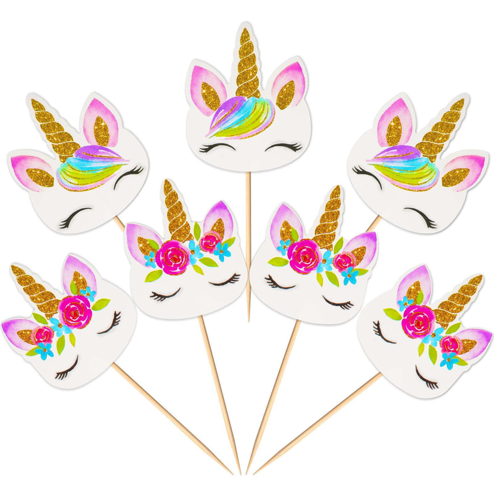 Coopache 48 Pieces Rainbow Unicorn Cupcake Toppers, Cupcake Picks Cake Decorations, Double Sided Unicorn Cake Topper Set Birthda