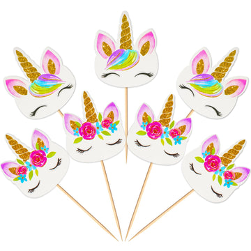 Coopache 48 Pieces Rainbow Unicorn Cupcake Toppers, Cupcake Picks Cake Decorations, Double Sided Unicorn Cake Topper Set Birthda