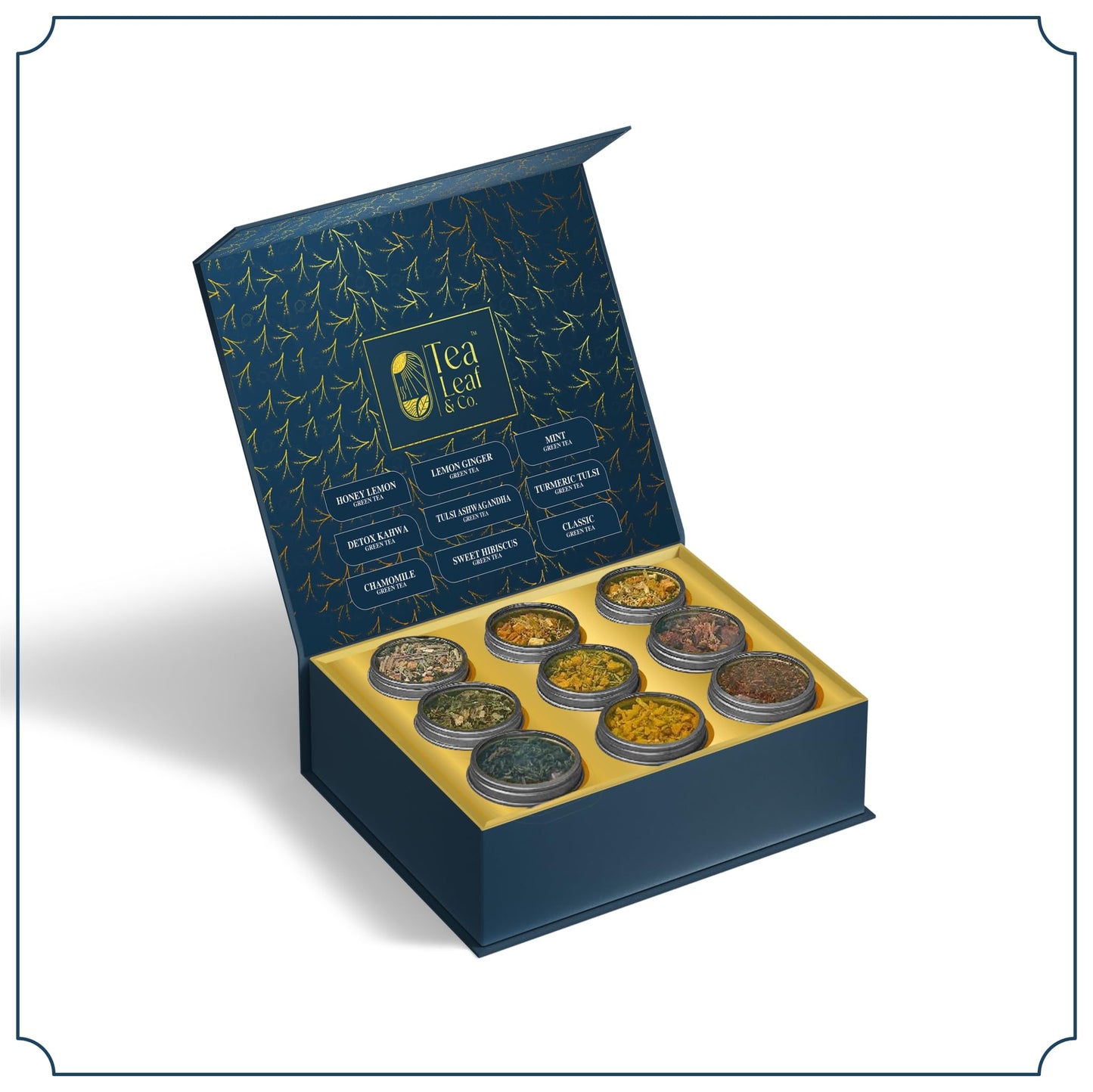 Tea Leaf & Co. Harmony Pure Delight 9 Pack Enhanced Tea Gift Combo Box (Classic, Tulsi Ashwagandha, Lemon Ginger, Mint, Detox Kahwa, Turmeric Tulsi, Honey Lemon, Sweet Hibiscus & Green Chamomile) - 8Oz