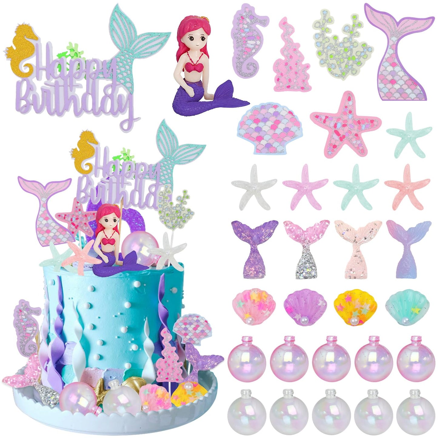 Lukinuo Mermaid Cake Toppers For Girl 30Pcs Little Mermaid Figurine Under The Sea Ocean Cake Decor Seaweed Bubble Starfish Shell