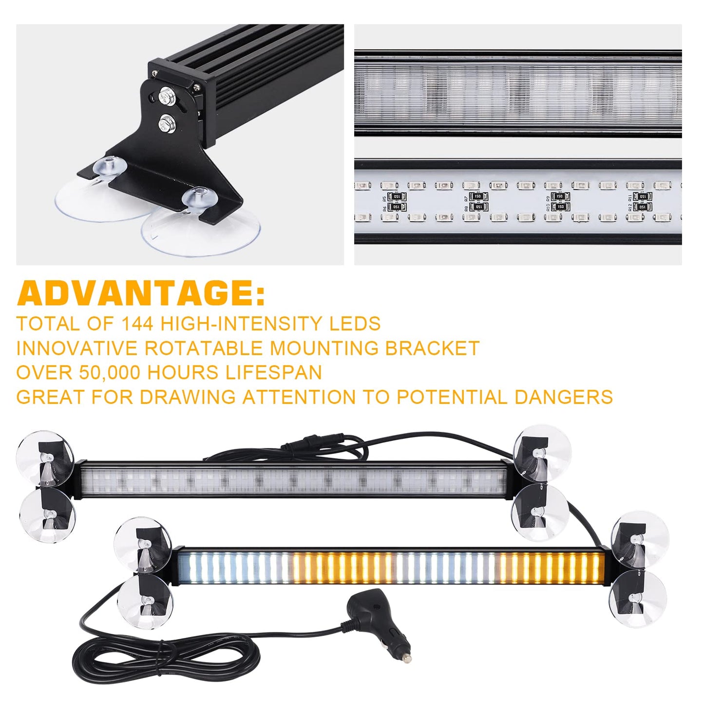 XRIDONSEN 2 in 1 Emergency Strobe Traffic Advisor Light Bar 144 LED Warning Hazard Safety Interior Windshield Dash Lights Deck S