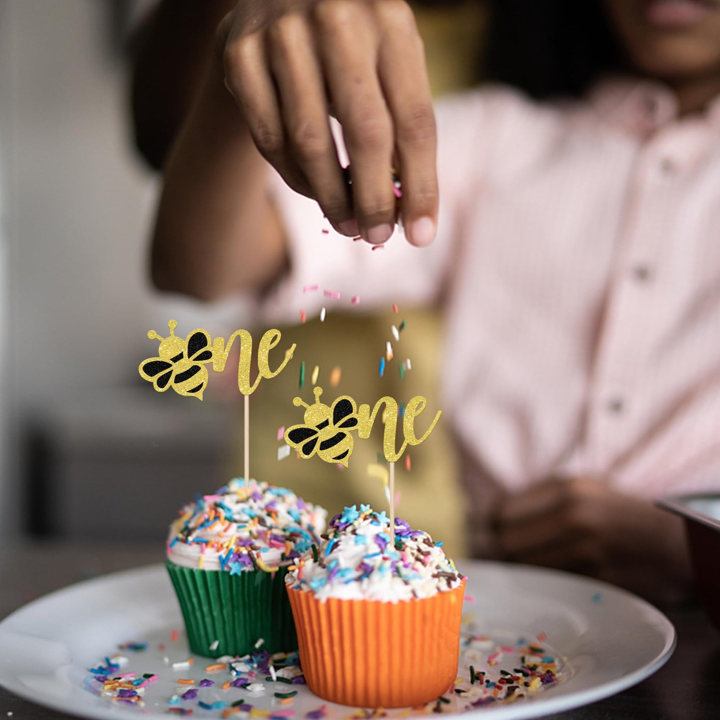 24 Pcs Bumble Bee One Cupcake Toppers Glitter 1St Birthday Party Cupcake Picks Decorations For Bee Theme Baby Shower Kids First