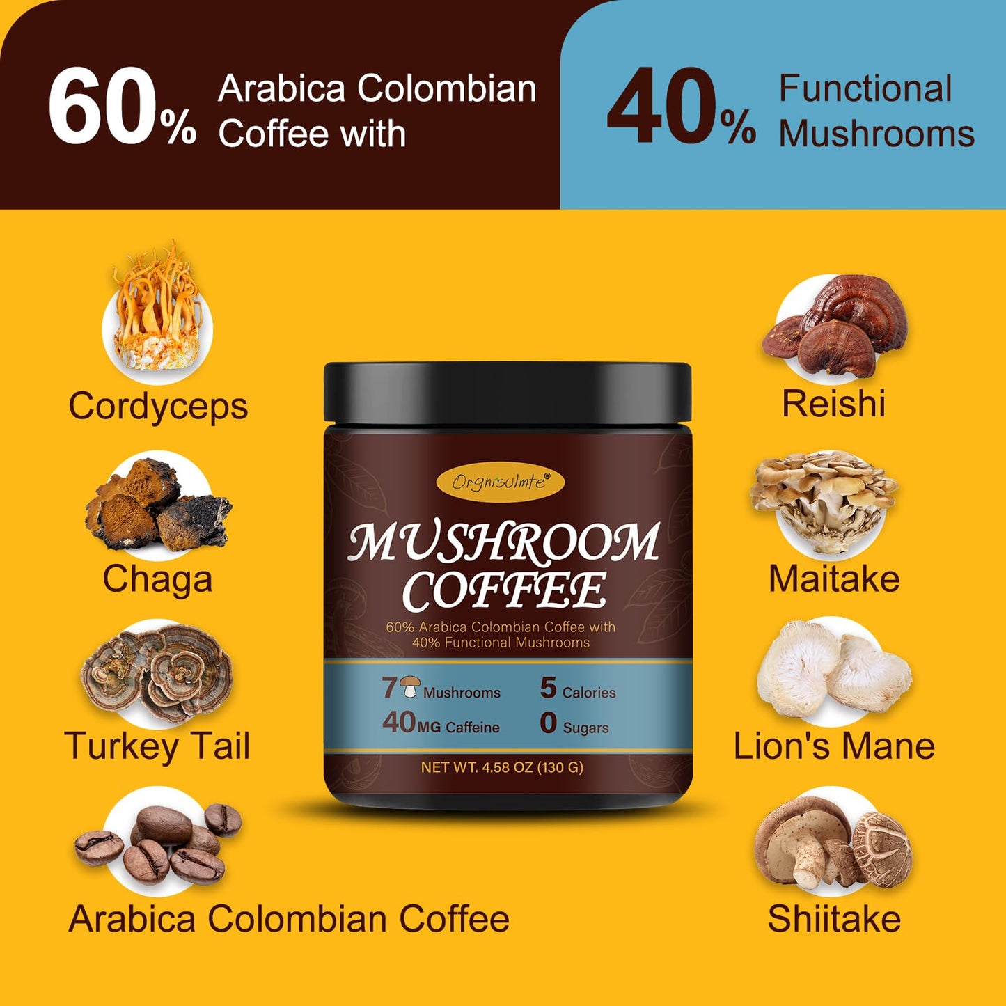 Orgnisulmte Premium Mushroom Coffee 4.58 Oz, Fresh Ground Colombian Instant Coffee With 7 Superfood Mushrooms Better Taste, Natu