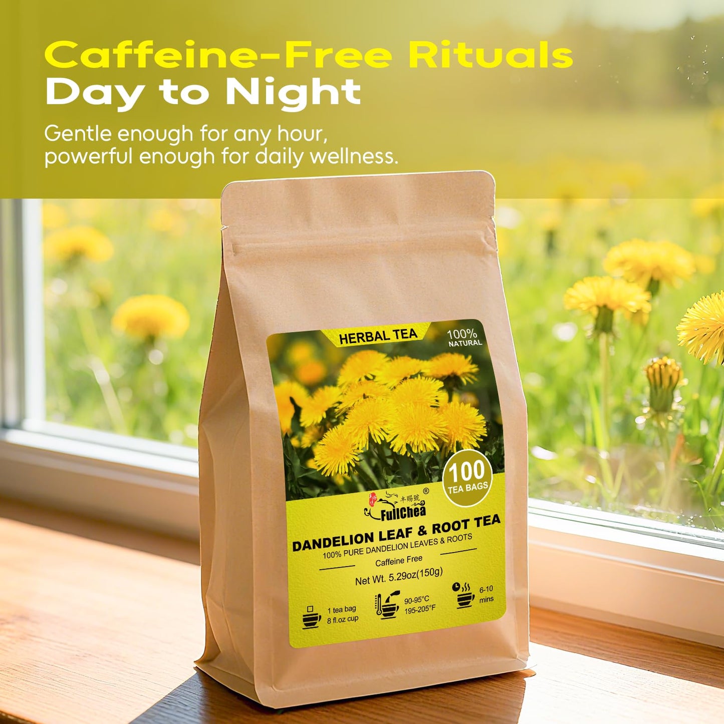 FullChea - Dandelion Leaf & Root Tea Bags  100 Teabags  1.5g/bag - Natural Dandelion Herbal Tea for Liver & Kidney Health - Non-GMO - Caffeine-free - Support Digestion & Boost Immune System