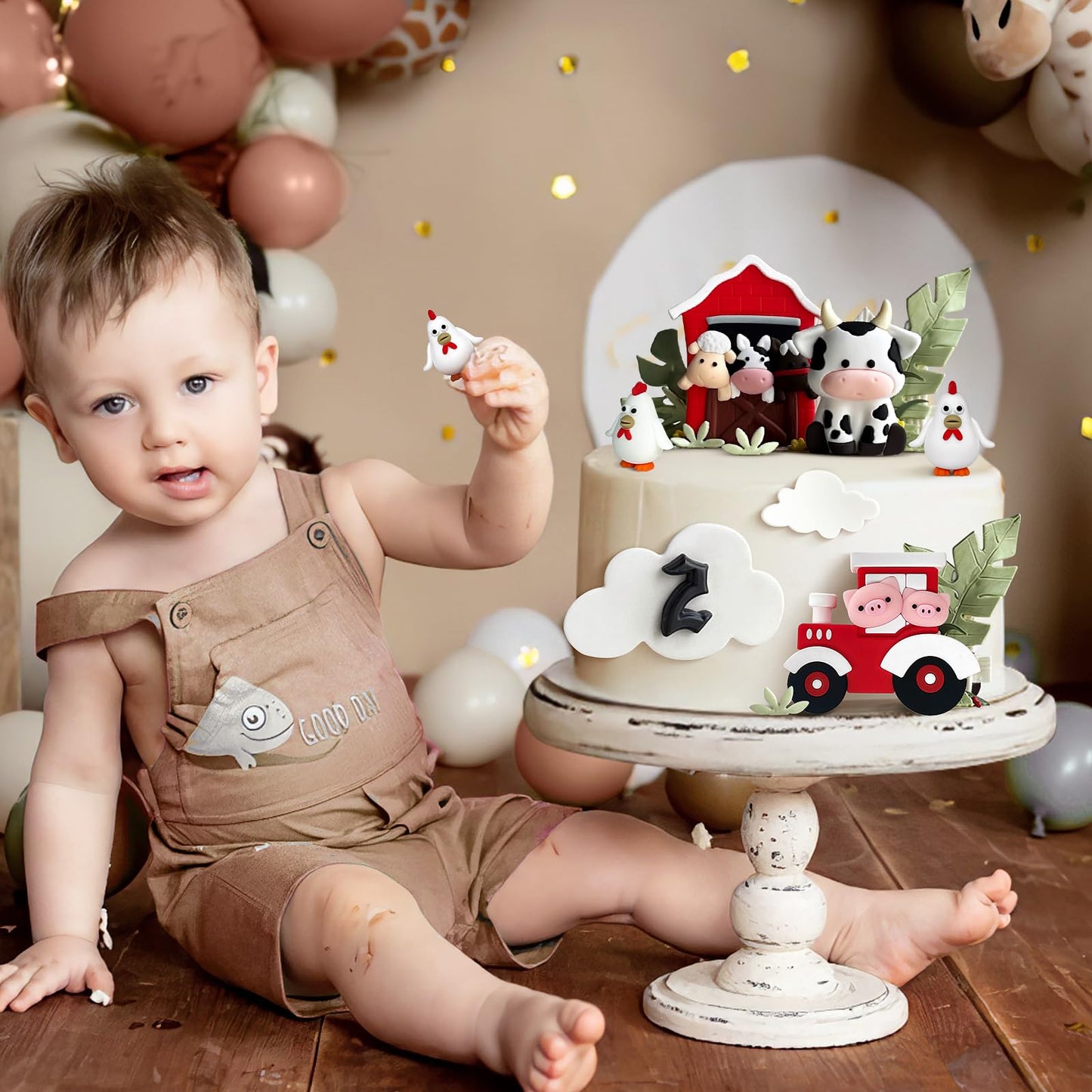 6 Pcs Farm Cake Toppers, Cartoon Animal Cake Topper Decorations For Birthday Party Baby Shower Decor (Red)