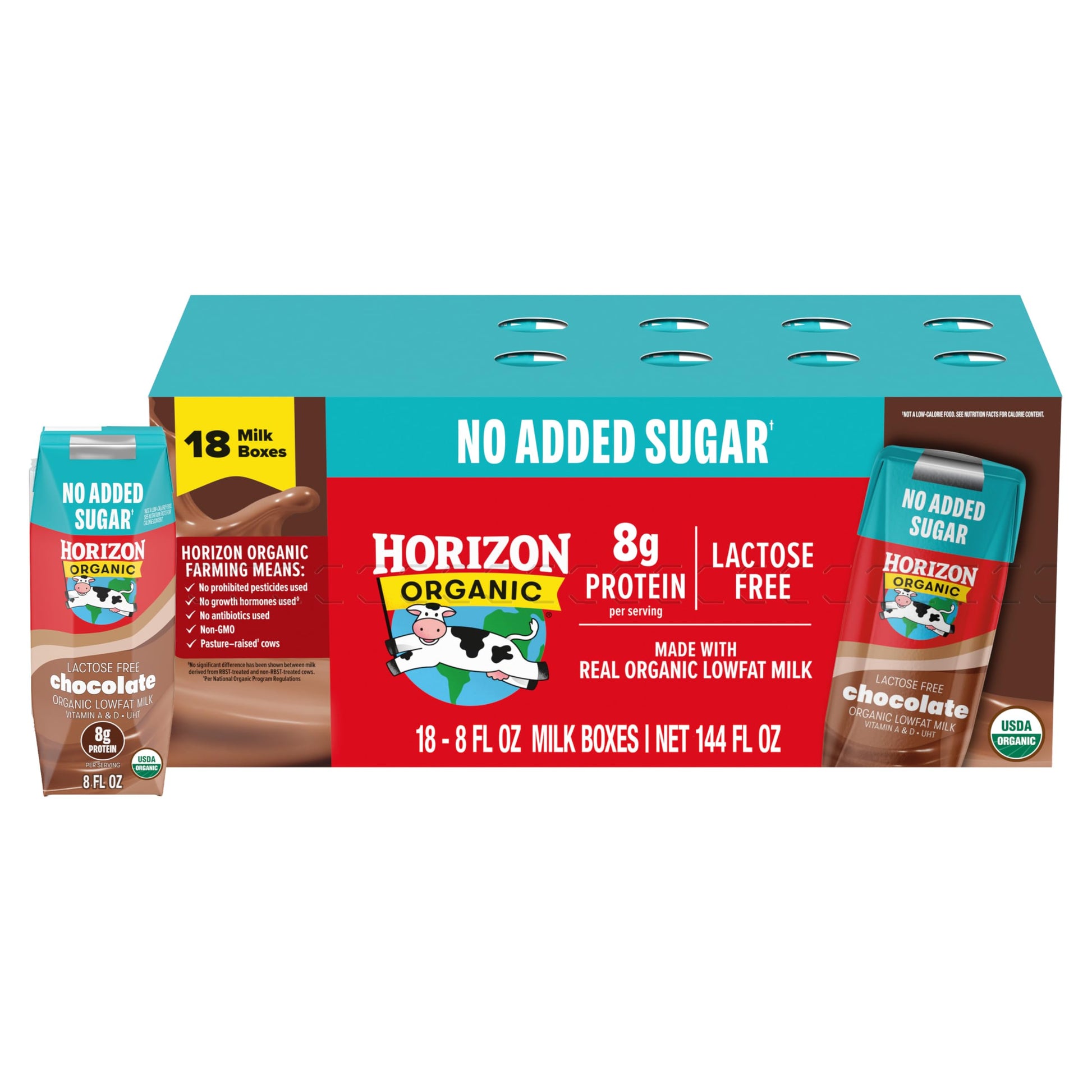 New Horizon Organic Shelf Stable No Added Sugar Lactose Free 1% Lowfat Chocolate Milk Boxes, 8 Fl Oz, 18 Count - 8G Protein Per 