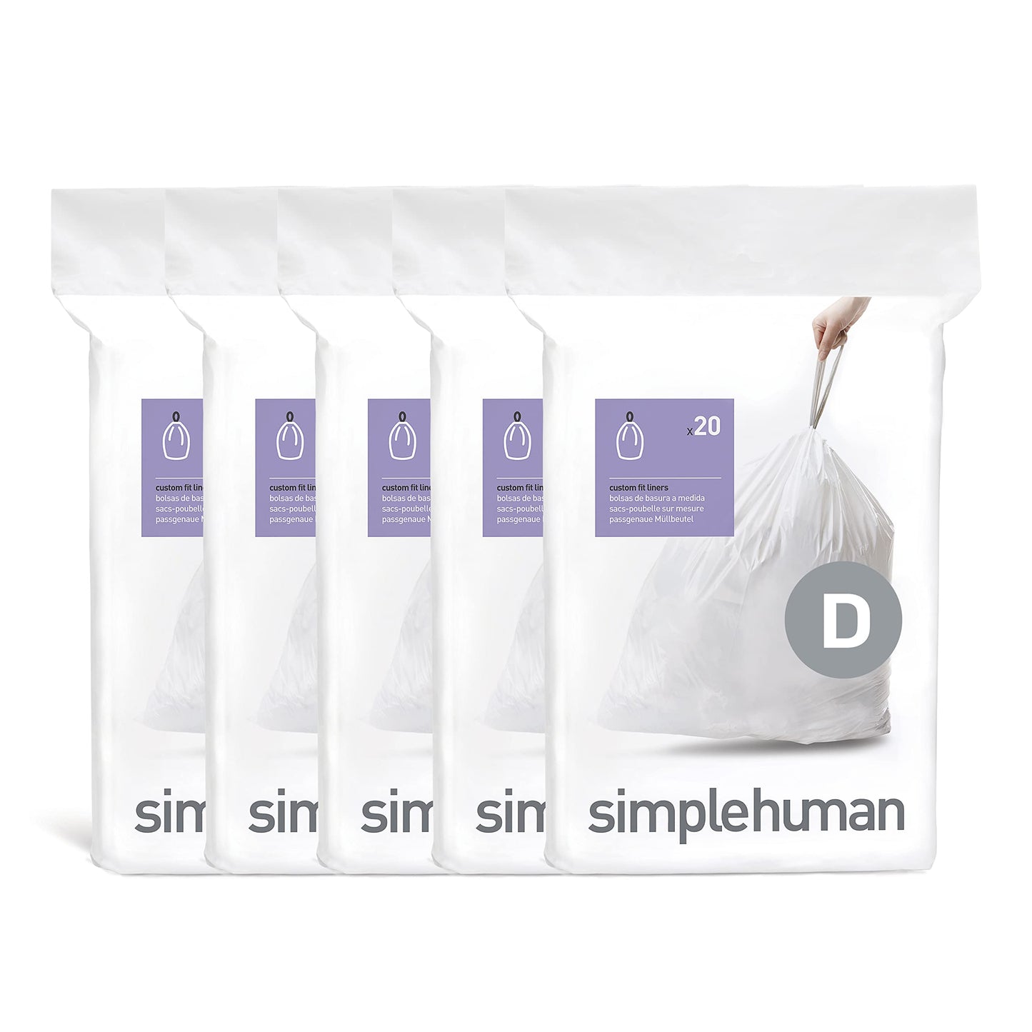 Simplehuman Code D Custom Fit Drawstring Trash Bags In Dispenser Packs, 100 Count, 20 Liter  53 Gallon, White