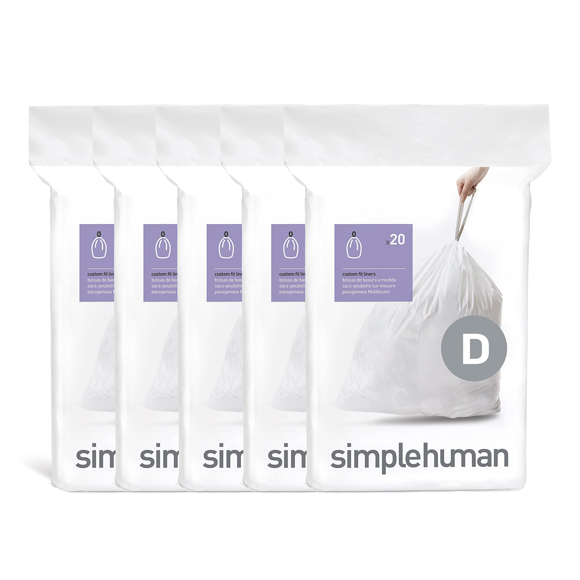 Simplehuman Code D Custom Fit Drawstring Trash Bags In Dispenser Packs, 100 Count, 20 Liter  53 Gallon, White
