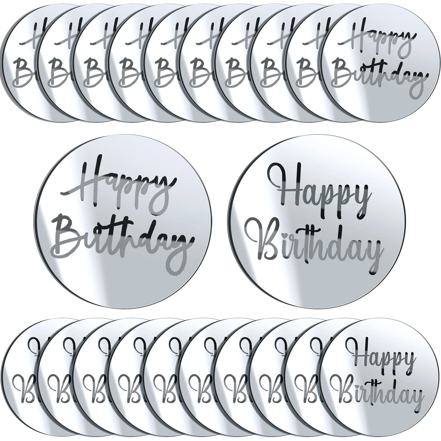 Blulu Acrylic Cake Toppers - 20 Pieces Round Engraved Disc for Cupcake Decoration, Silver