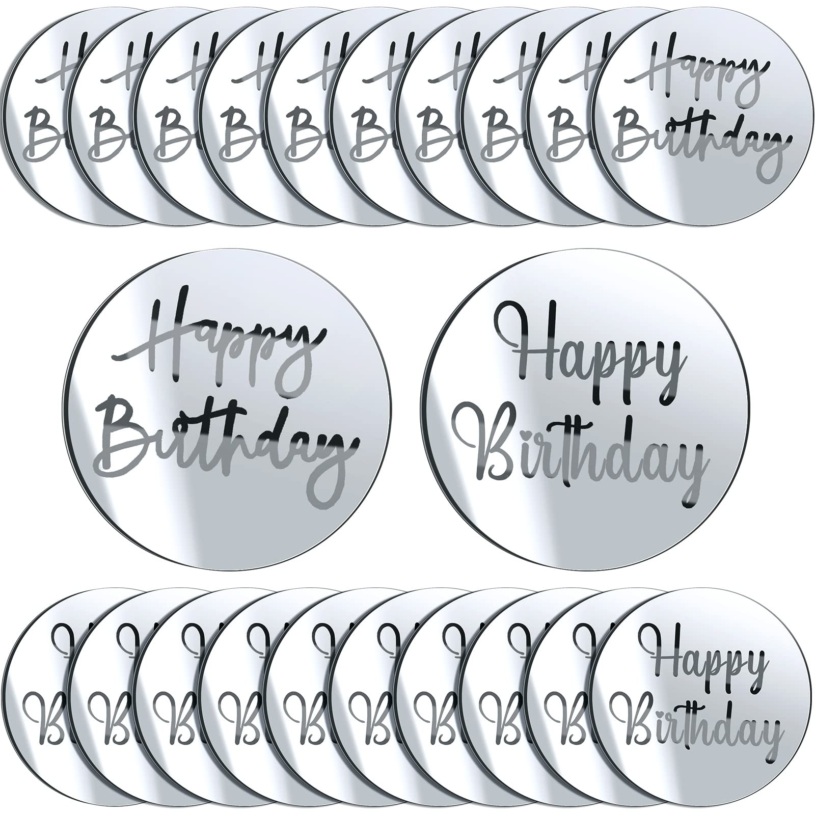 Blulu Acrylic Cake Toppers - 20 Pieces Round Engraved Disc for Cupcake Decoration, Silver