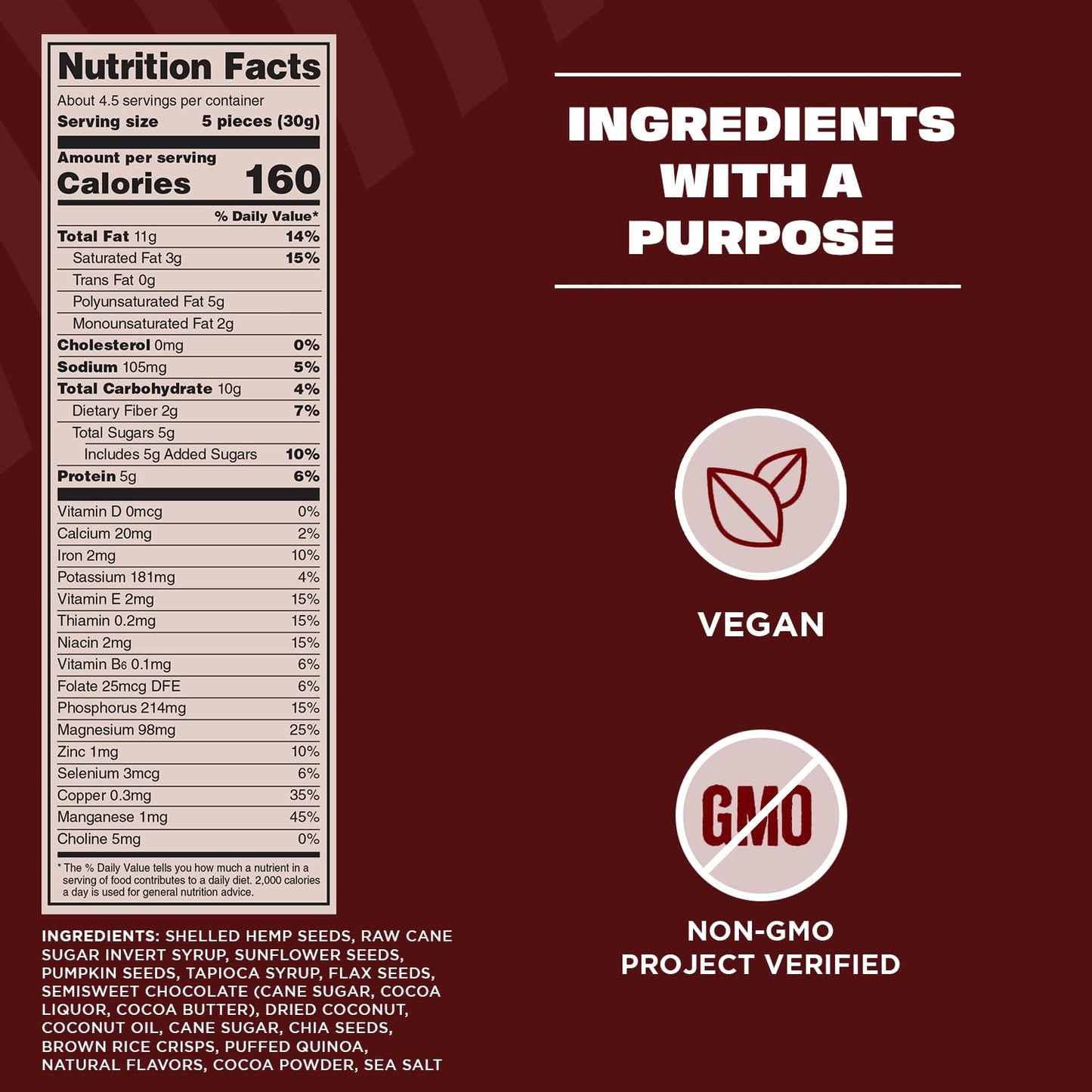 Manitoba Harvest Superseed Snack Clusters, Dark Chocolate - 5g Plant Based Protein and 5g Omegas 3 & 6 per 30g Serving - Non-GMO