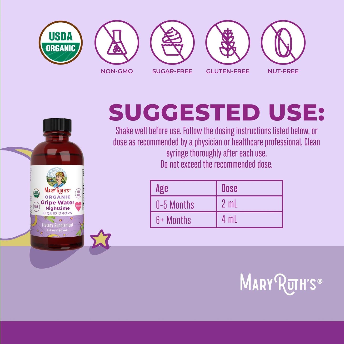 MaryRuth Organics Nighttime Gripe Water for Babies, Herbal Blend, 4 Fl Oz, Vegan, Ages 0+, Ginger Root, Lemon Balm, Fennel Seed