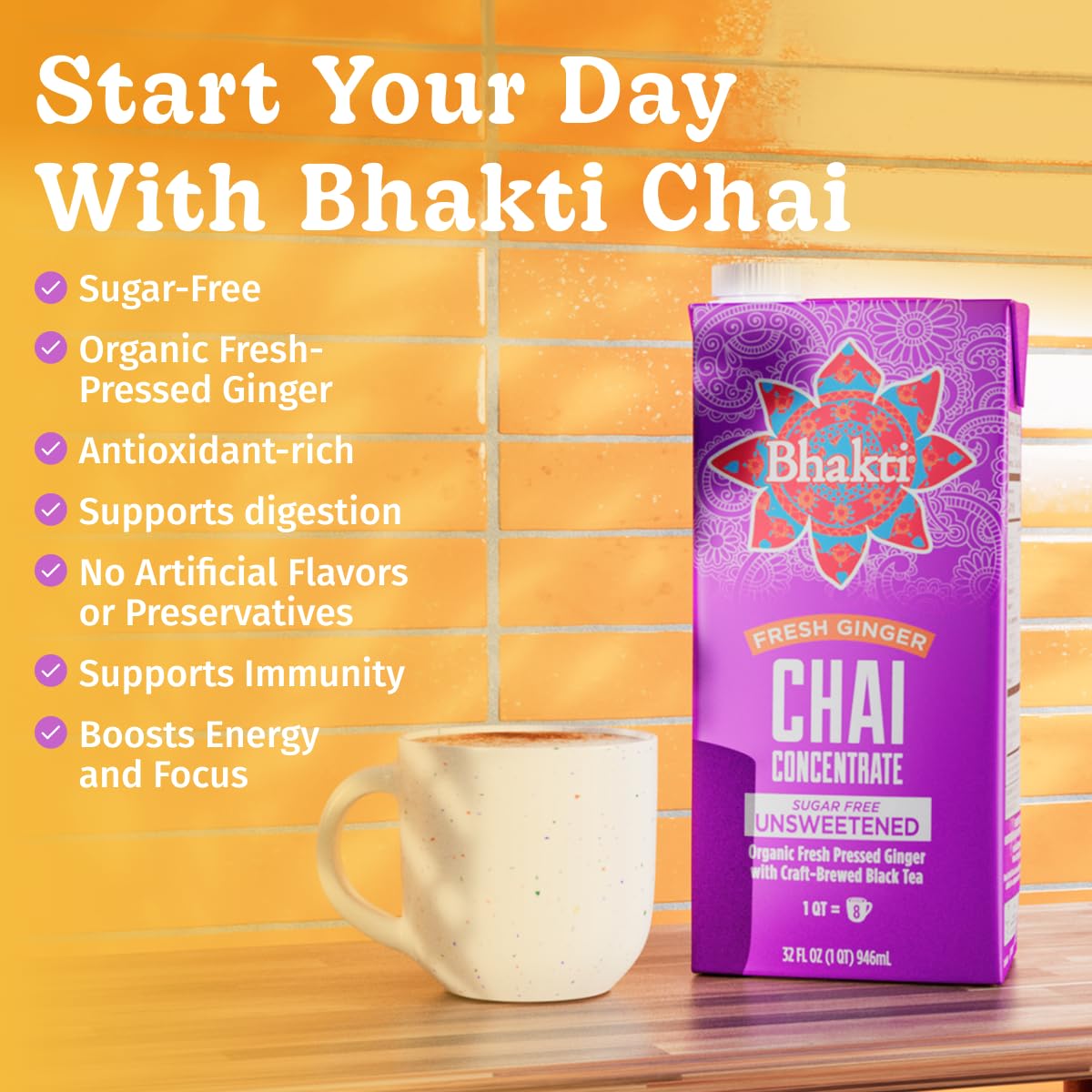 Bhakti Chai Tea Concentrate, Unsweetened Ginger & Black Tea Blend, Organic, Vegan, Gluten-Free, 32 Fl Oz (Pack of 3)