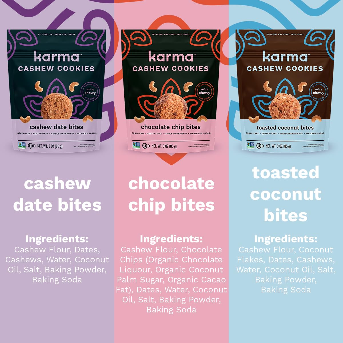 Karma Nuts Cashew Cookie Bites Variety Pack (3 Oz, Pack Of 6) - Gluten-Free Cookies, Non-Gmo Flavored Cashews Cookie, Soft & Che
