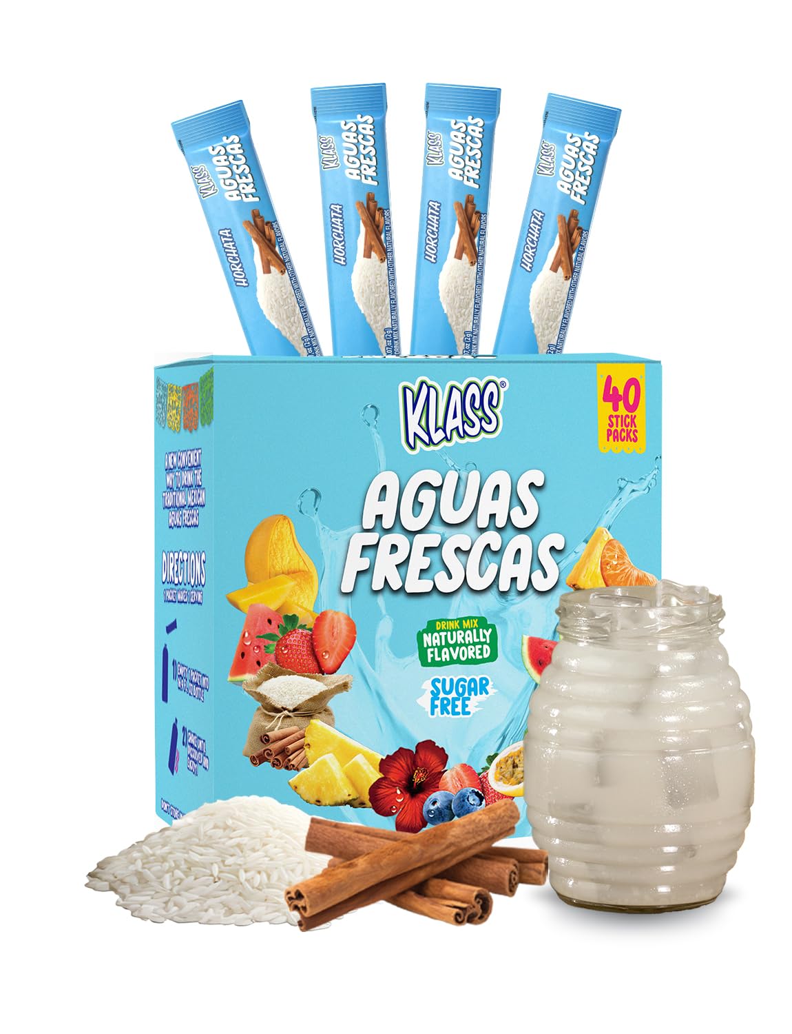 Klass Aguas Frescas | Drink Mix Packets | Horchata Flavored | Sugar Free On-The-Go Packets  Low Calorie (40 Count Powder Stick Packs)
