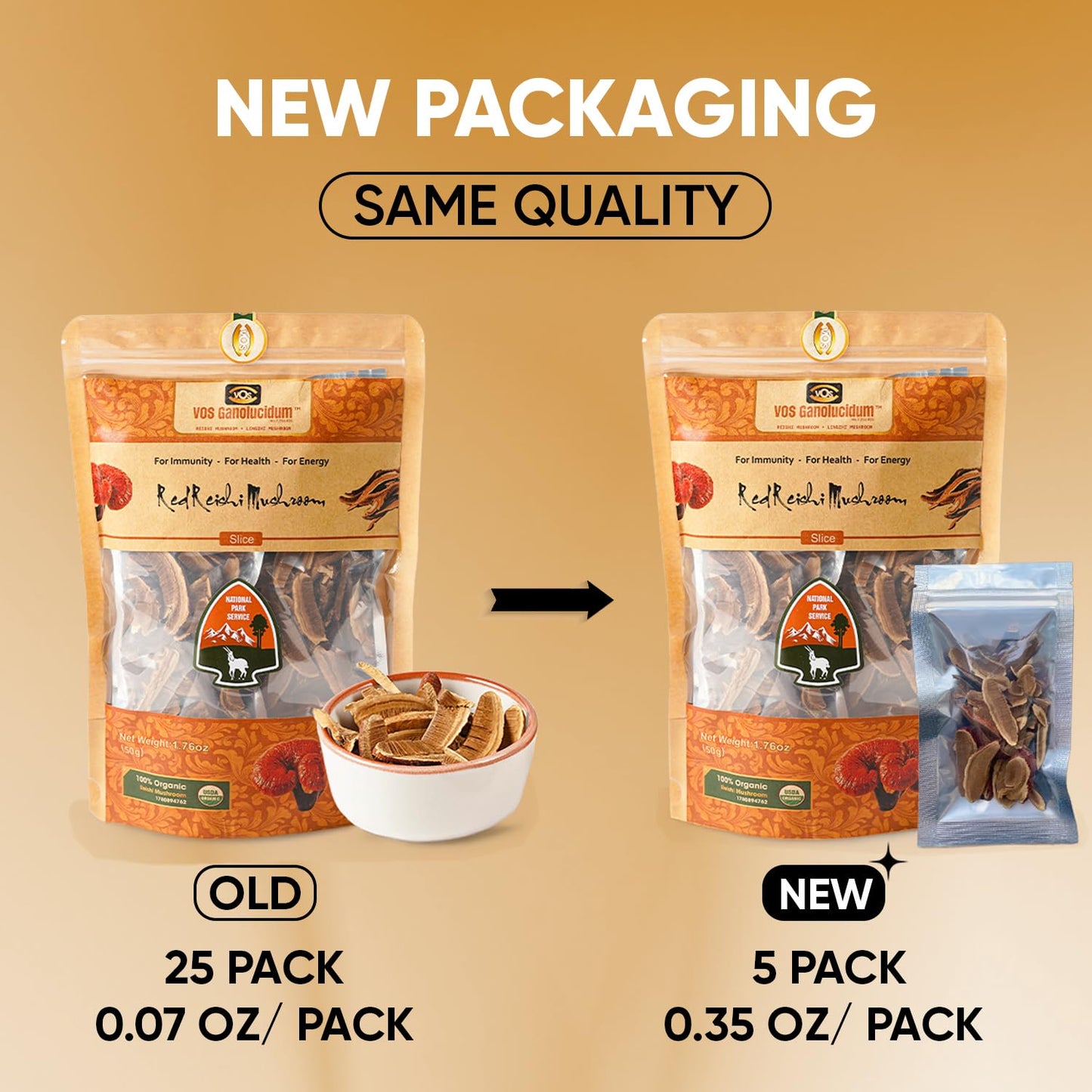 VOS GANOLUCIDUM Organic Sliced Dried Reishi Mushroom, 1.76 Oz, Nutritious Seasoning for Salads & Porridges, 5 Small Zip Bags