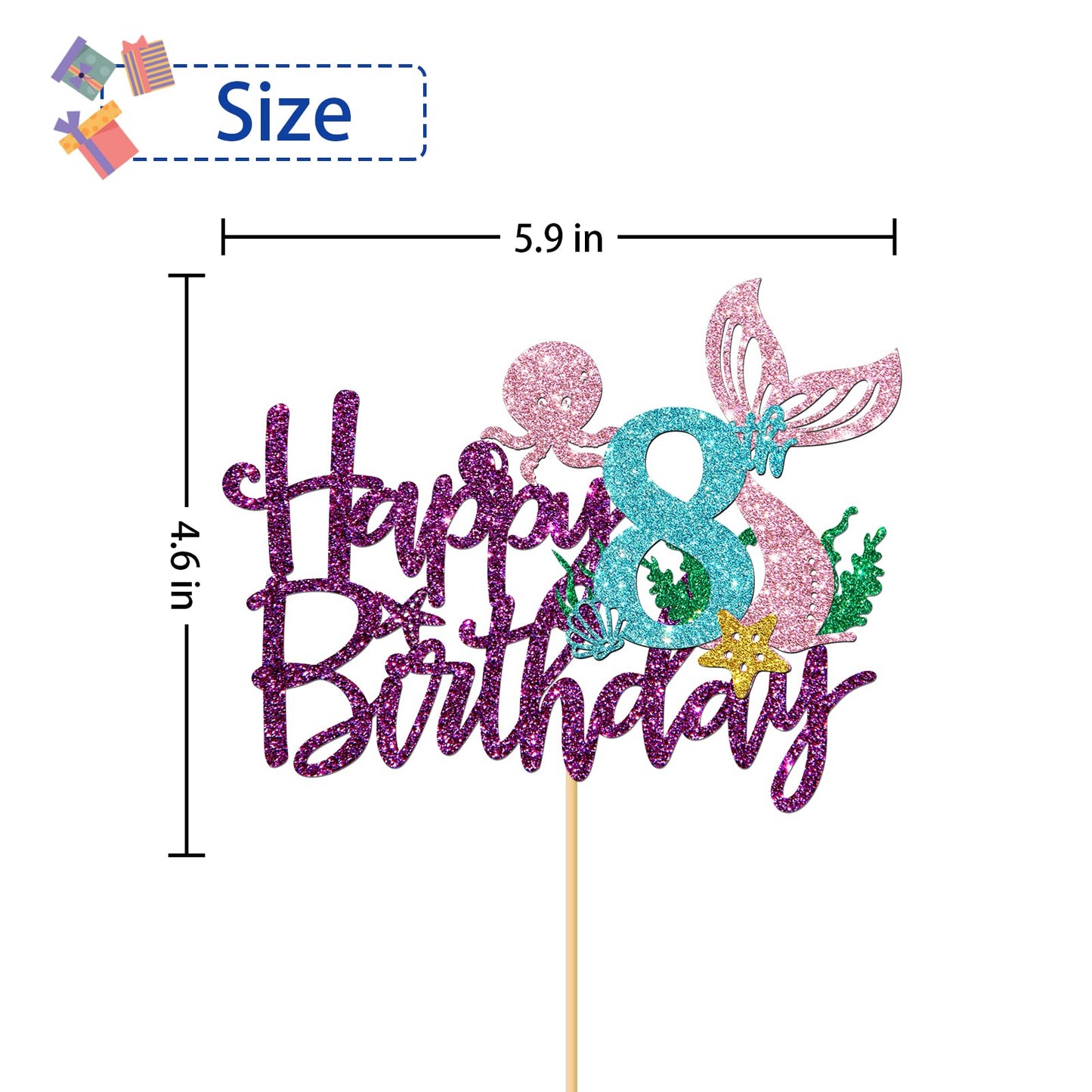 Roadsea Mermaid Happy 8Th Brithday Cake Topper - Under The Sea Theme Girl Kid Night Birthday Cake Supplies/Ocean World 8Th Merma