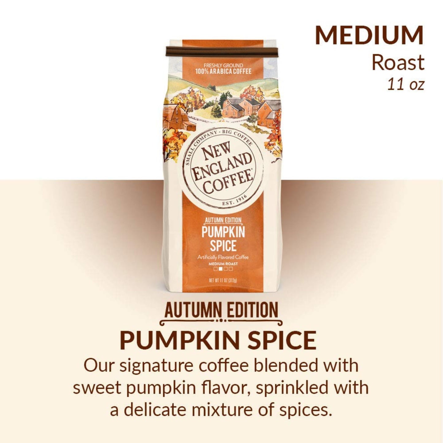 New England Coffee Pumpkin Spice Medium Roast Ground Coffee, 11oz Bag, Pack of 3