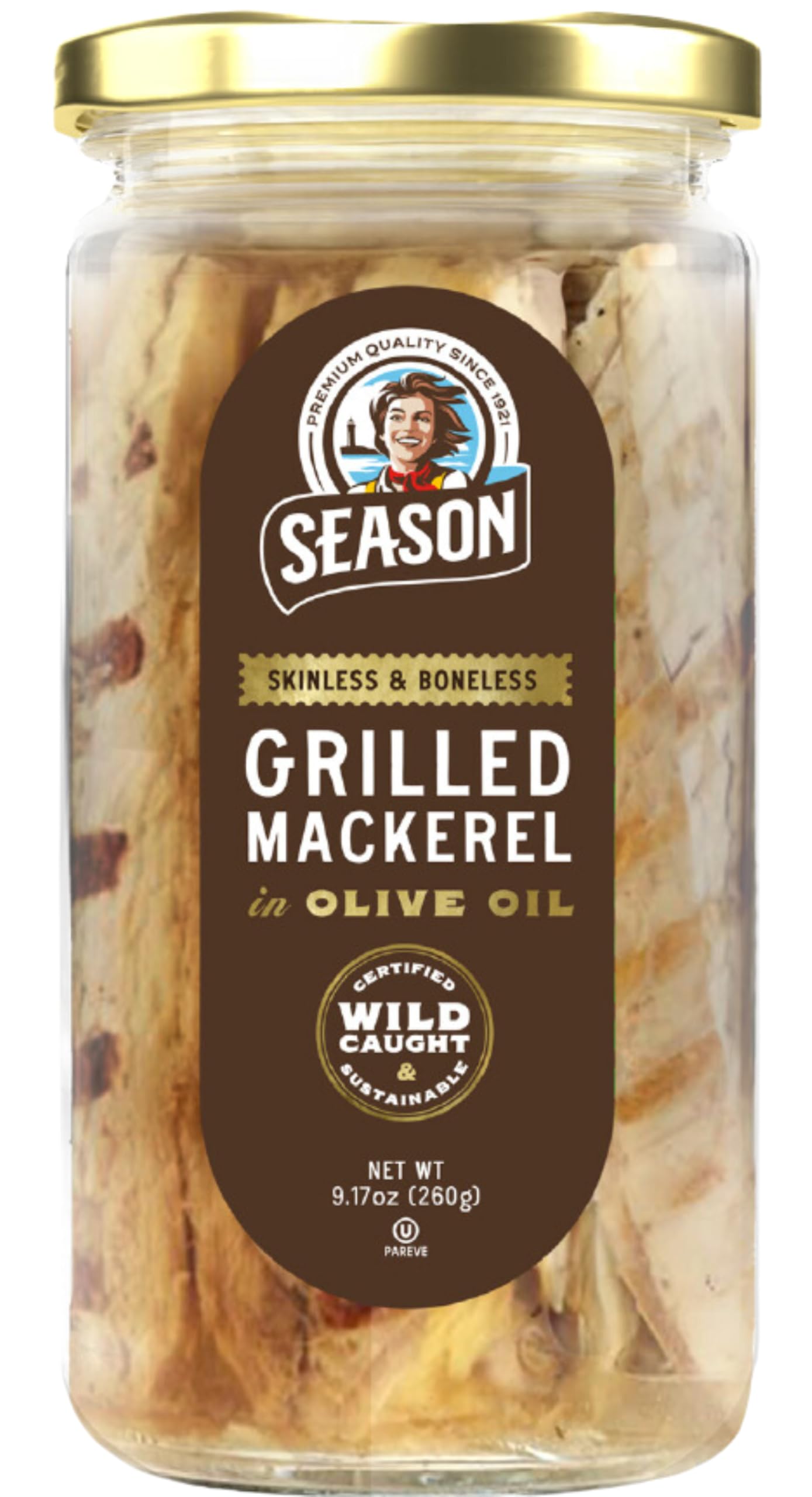 SEASON Grilled Mackerel Fillets in Olive Oil, Wild Caught, Skinless & Boneless, 22g Protein, 9.17 Oz Glass Jar