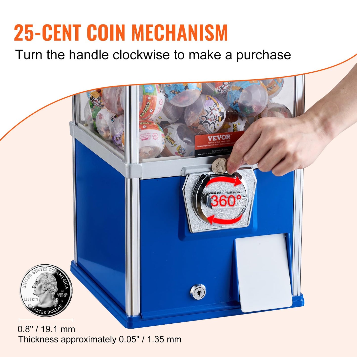 VEVOR Gumball Machine, 25 Height, Coin Operated Dispenser for 230 Capsule Toys, Blue