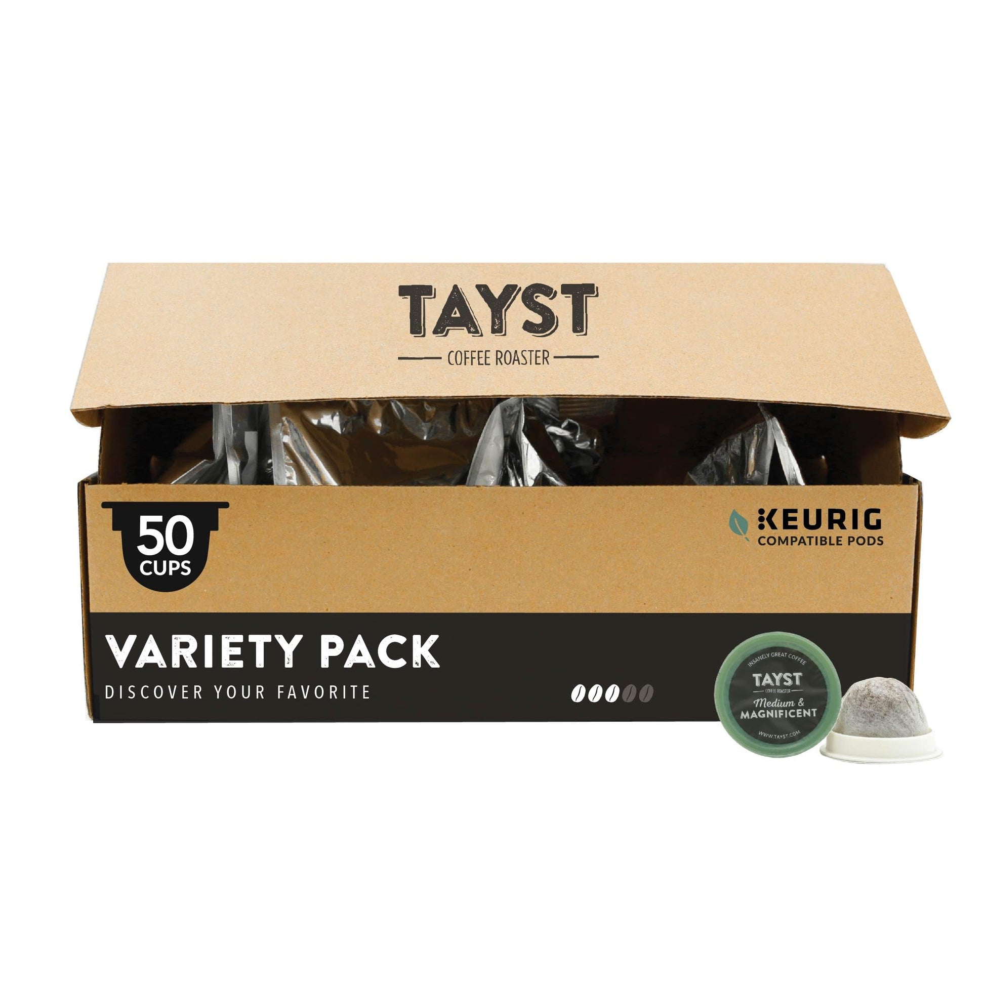 Tayst Coffee Pods Variety Pack, K Cups Compatible with Keurig, Sustainable Single Serve, 50 Count, Brown