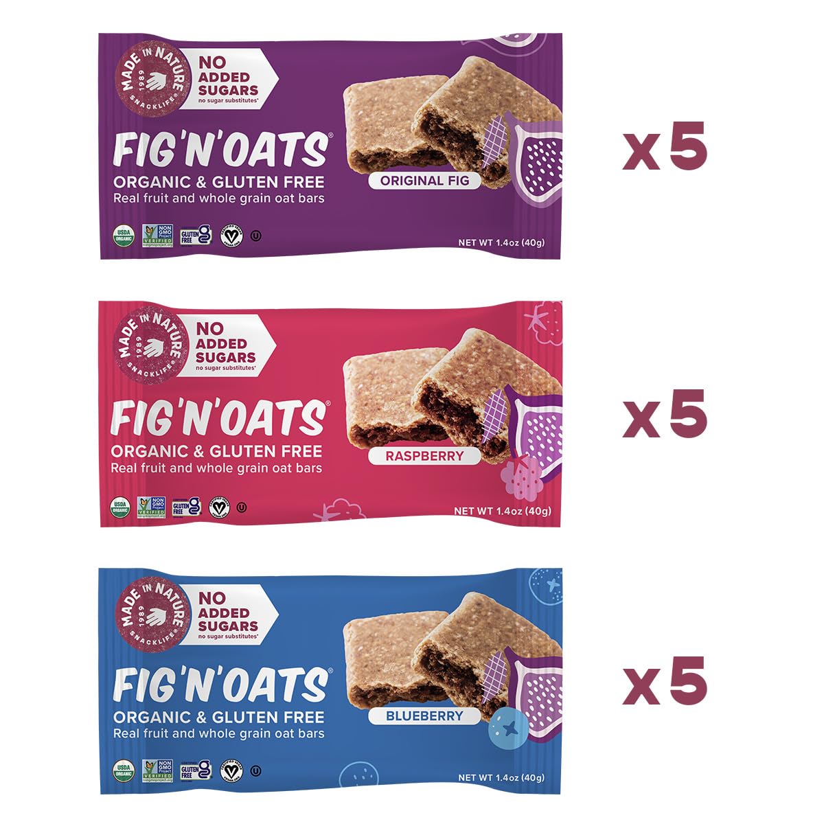 Made in Nature Organic Fig N Oat Bars, 1.4 Ounce 5 Count (3 Pack) - Original Fig, Blueberry, and Raspberry, Organic, Non-GMO, No