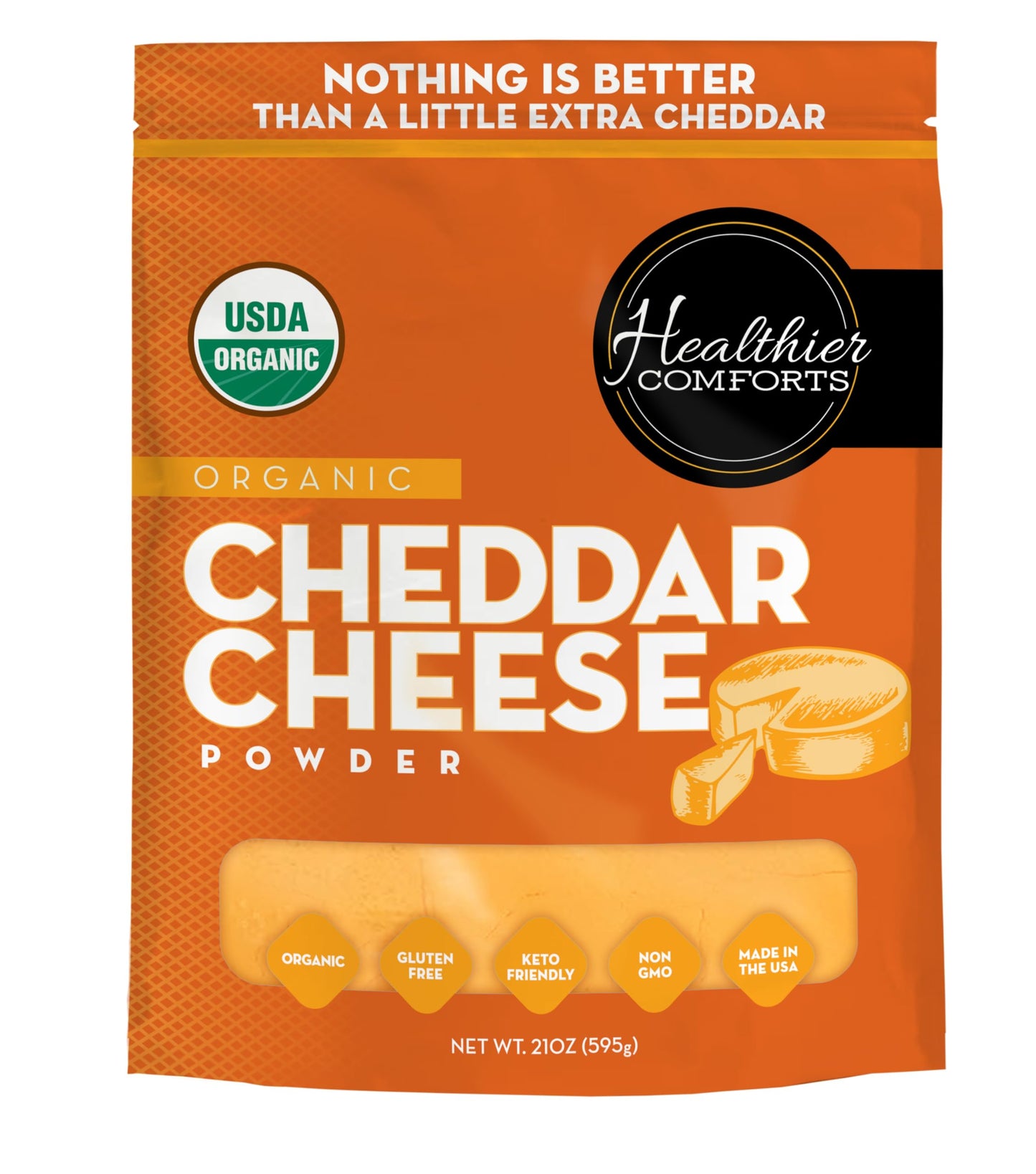 Healthier Comforts Organic Cheddar Cheese Powder | Gluten Free  Keto-Friendly  Non-GMO   &   Free | Perfect for Popcorn Seasoning  Mac and Cheese  Pasta & Sauces (21 oz)
