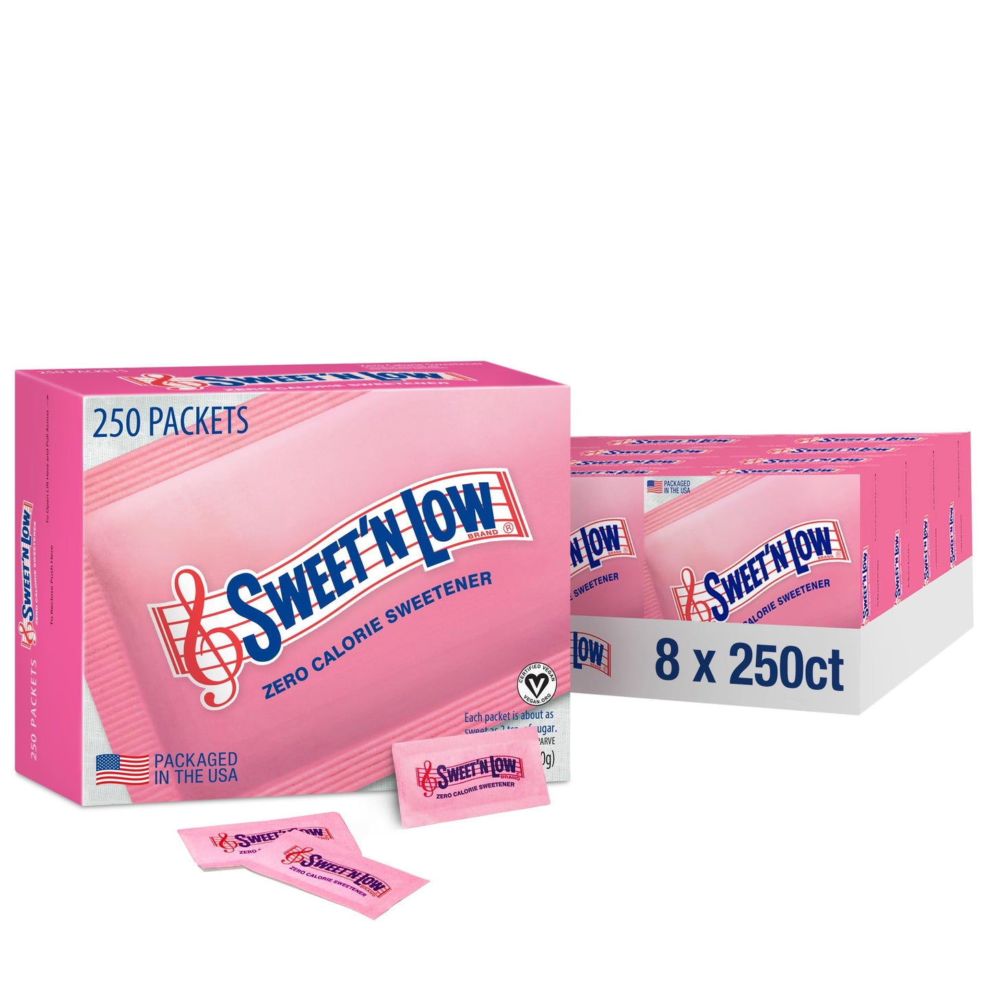 Sweet'N Low Zero Calorie Sweetener Packets, 250 Ct Box, 8 Pack, Kosher & Gluten Free, Low Glycemic Index, Individual Tea And Cof