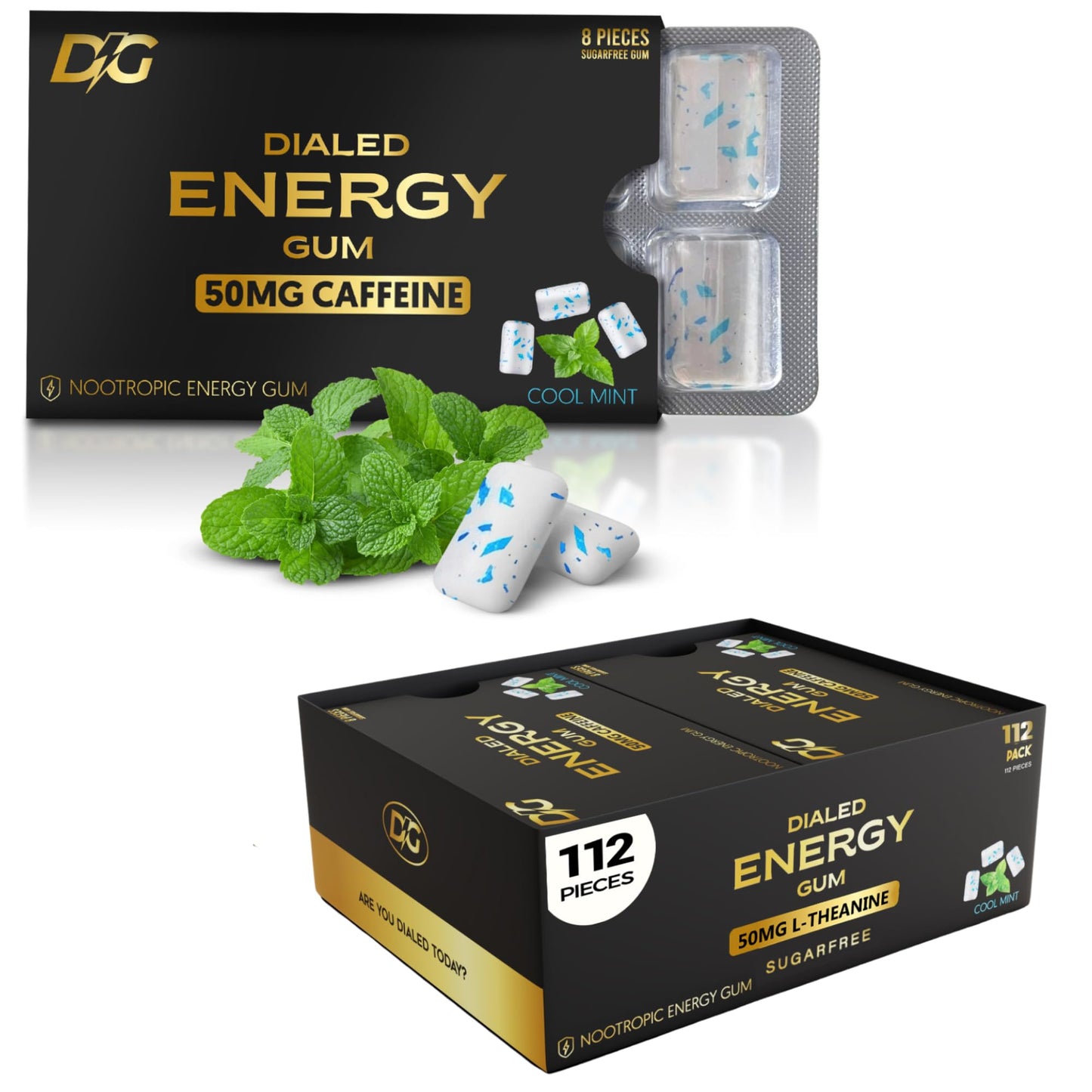 Dialed Gum Caffeine Gum, Sugar Free, 50mg Caffeine, 112 Pieces, Cool Mint Flavor