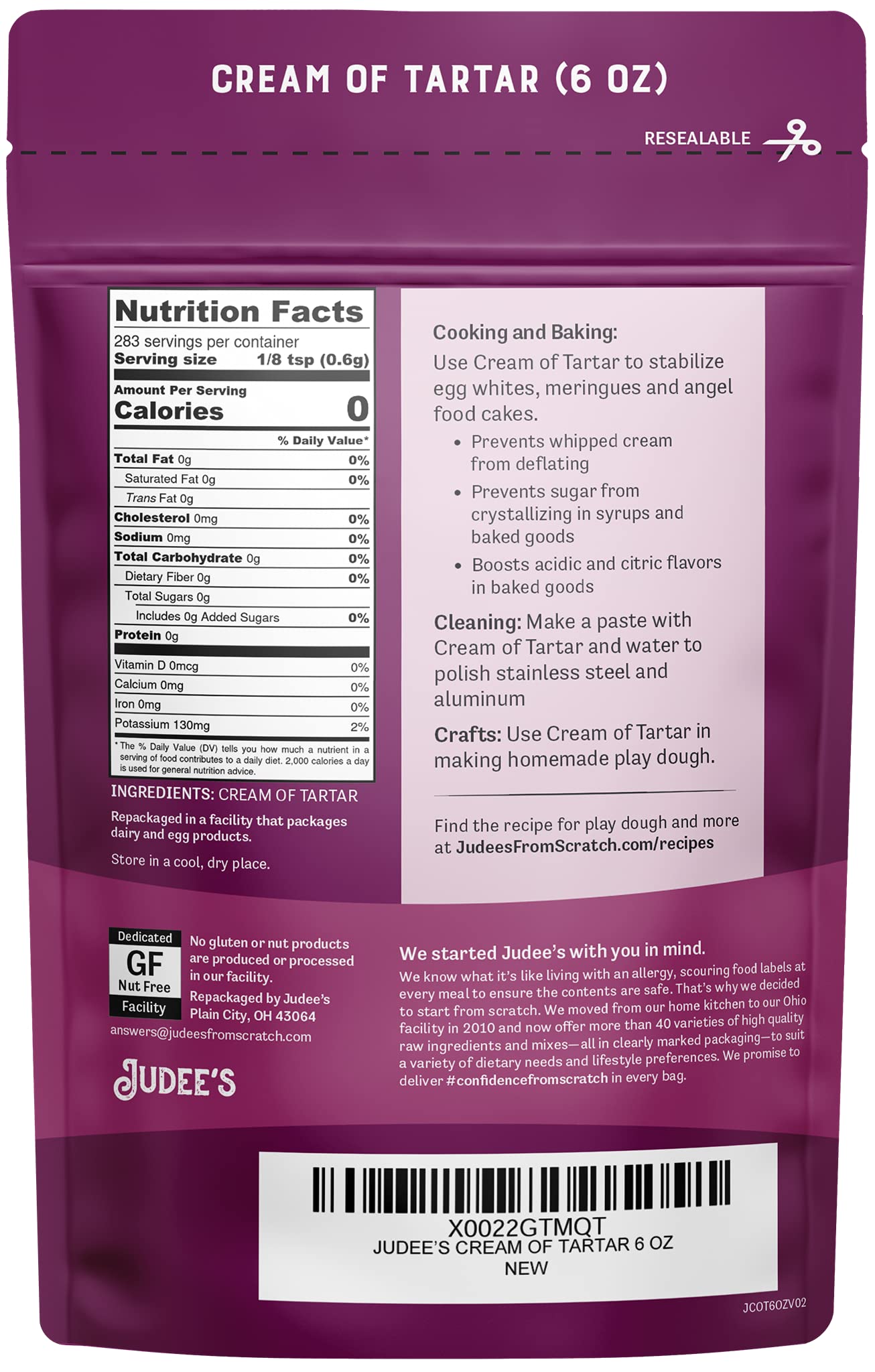 Judees Gluten Free Cream of Tartar - Non-GMO Baking Stabilizer - 6 oz, Pack of 1