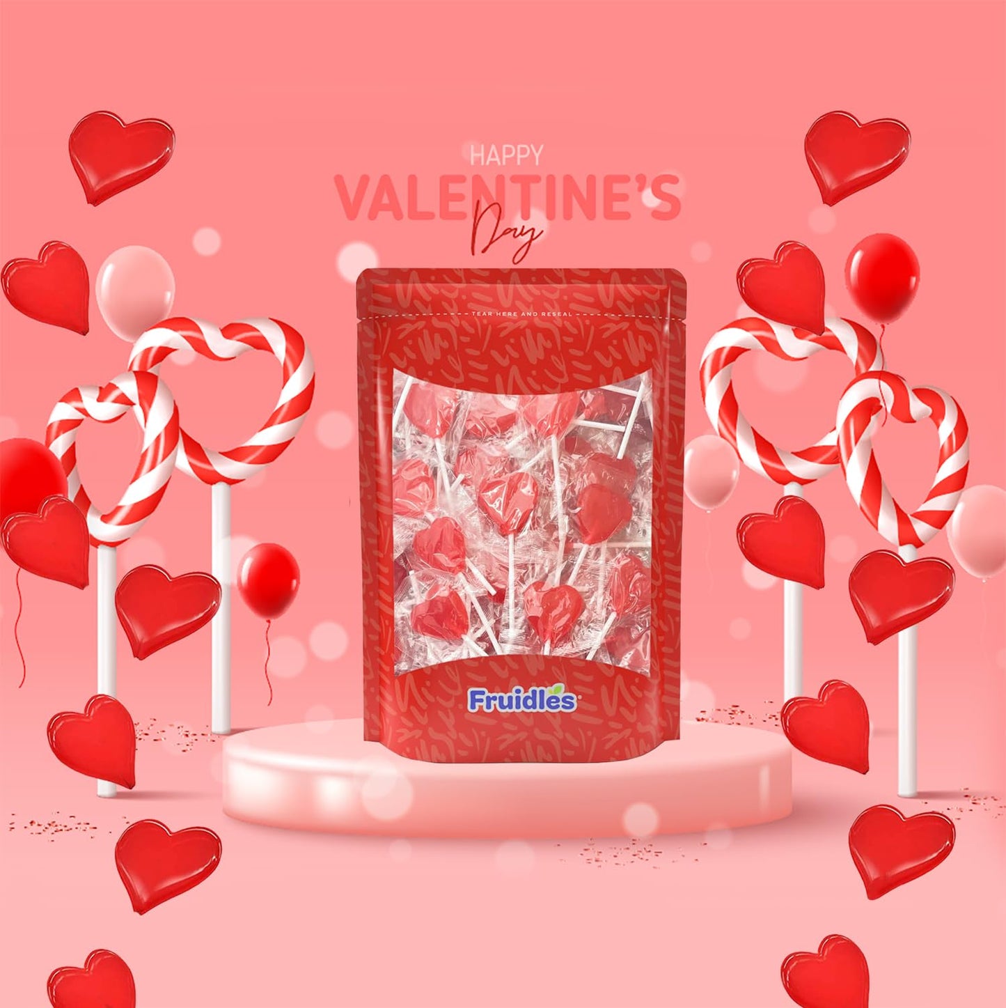 Fruidles Valentines Heart Lollipops, Red Heart Shaped Candy, Individually Wrapped, 12g Each, Approx. 90 Pops, 2 Pounds