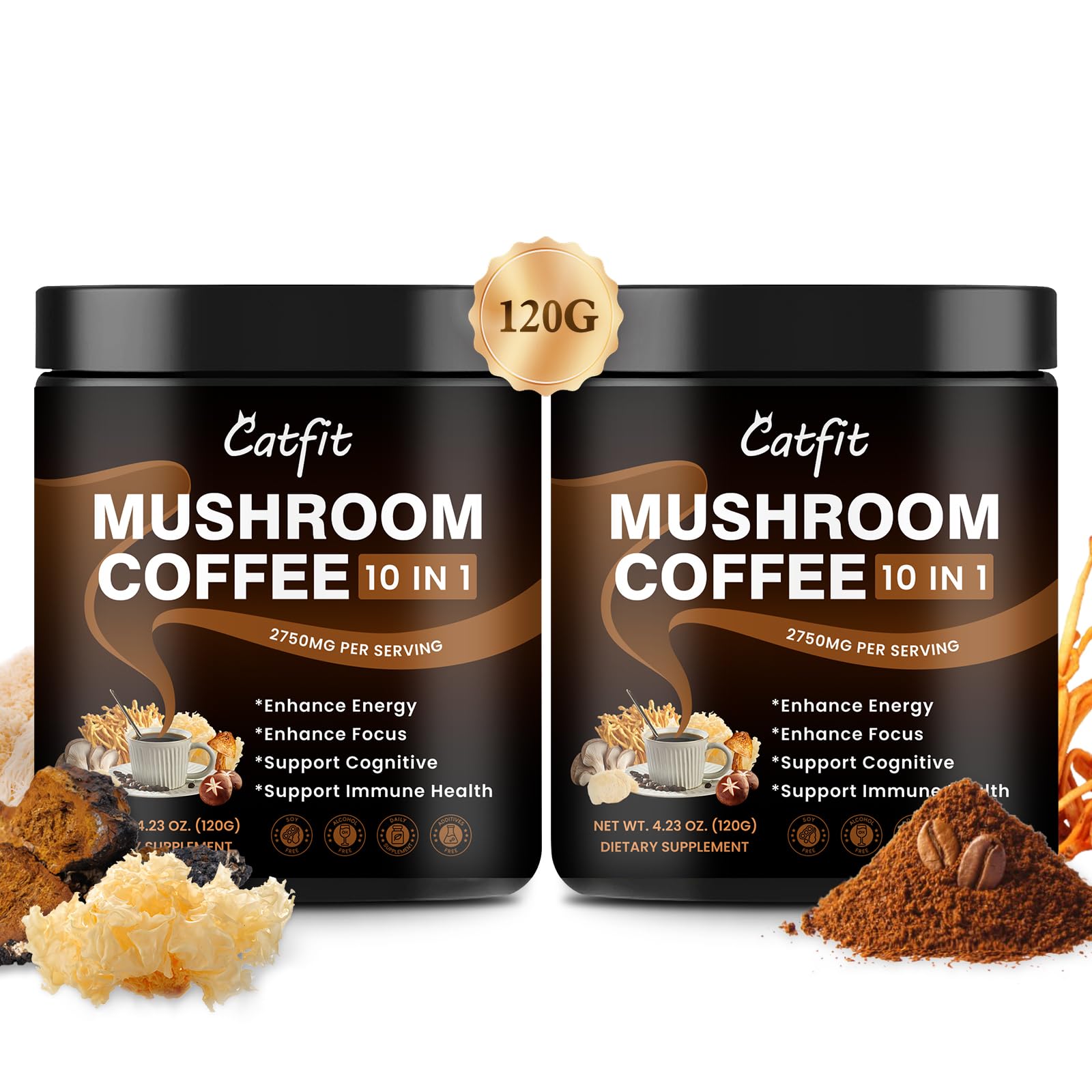 (2 Pack) Mushroom Coffee Powder, 10 Mushroom Blend- Lion's Mane, Chaga, Brain Supplements with Arabica Coffee, Ashwagandha, L-Th