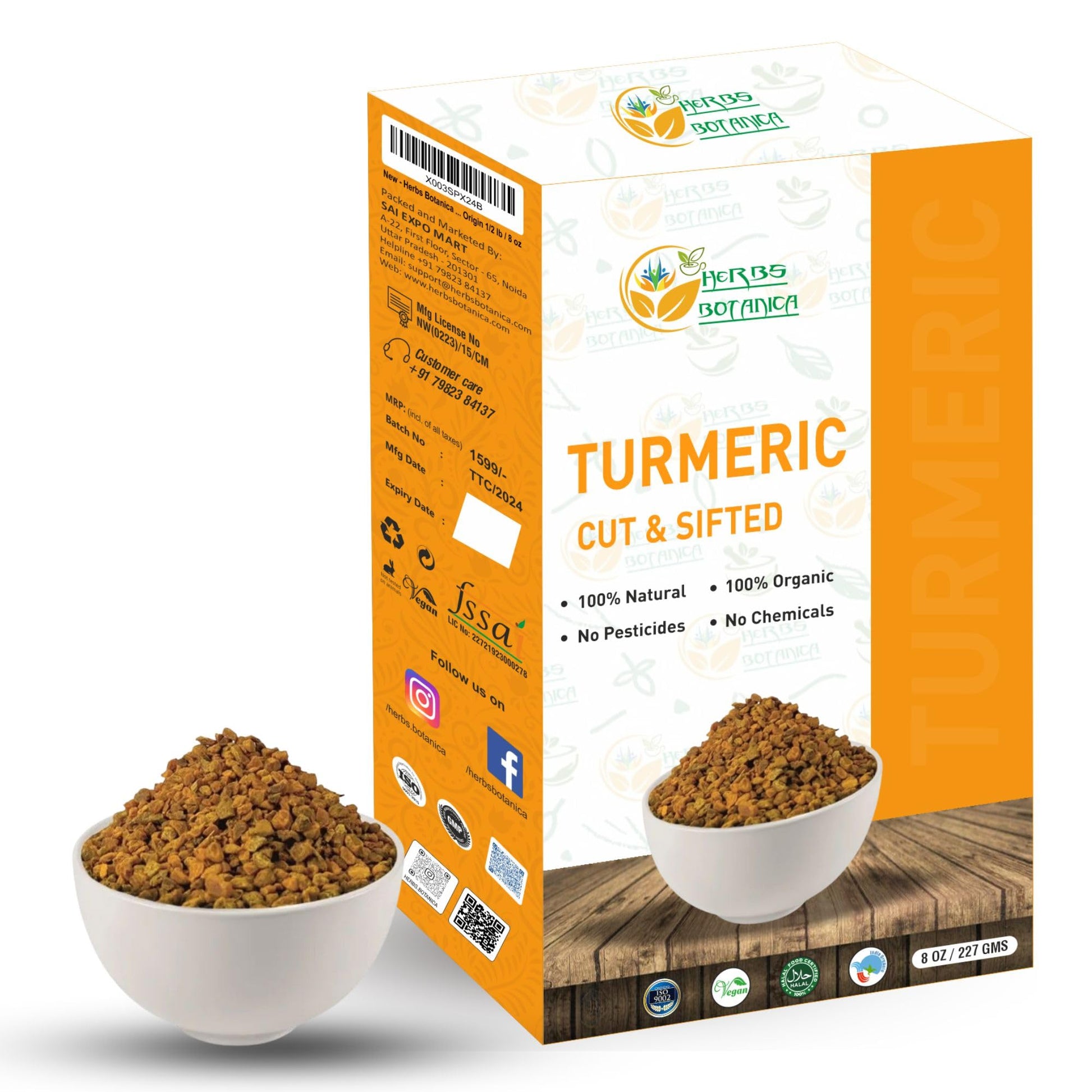 Herbs Botanica Turmeric Root Cut and Sifted Fresh For Herbal Tea, Immunity Booster | Vegan, Kosher Certified, Non-Irradiated, Fo
