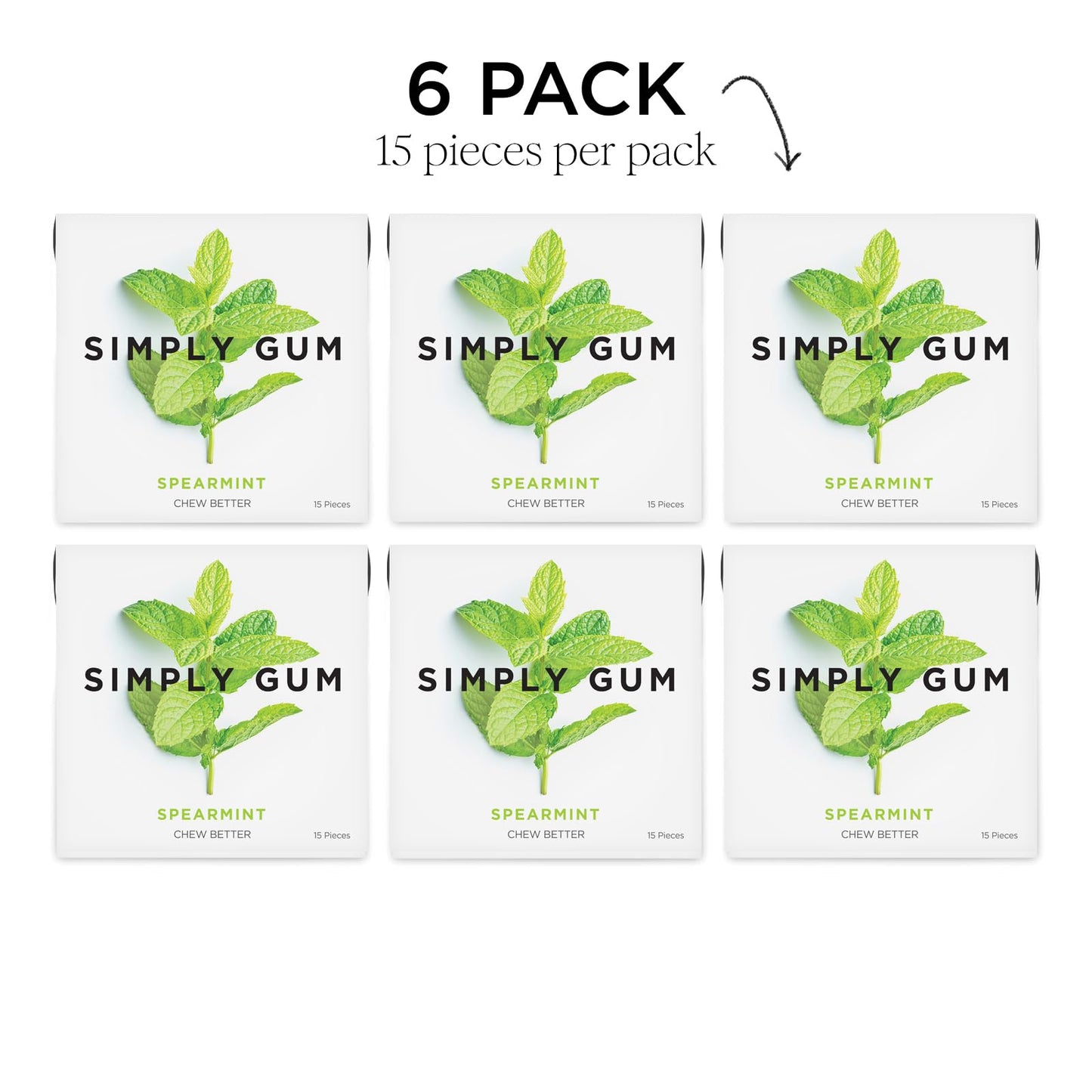 SIMPLY Gum Spearmint, Plastic-Free Natural Chewing Gum, 6 Pack (90 Pieces) | Vegan, Kosher, Non GMO, Aspartame Free and Sorbitol