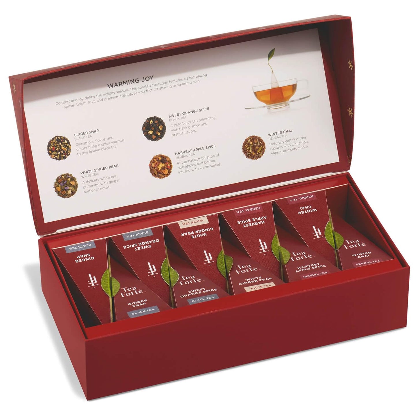 Tea Forte Warming Joy Holiday Enhanced Petite Presentation Box Gift Set Sampler, 10 Count, 2 Of Each Blend Individually Wrapped Handcrafted Pyramid Infuser Bags
